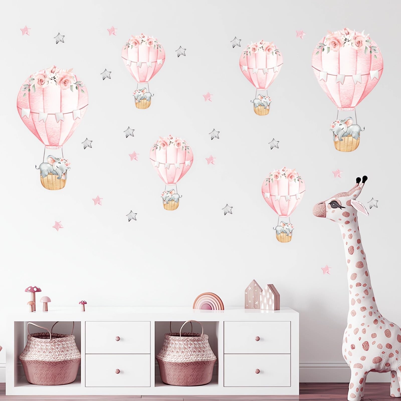6 Pink Hot Air Balloons Sleeping Baby Elephants Stars Wall Stickers, sacinora…
