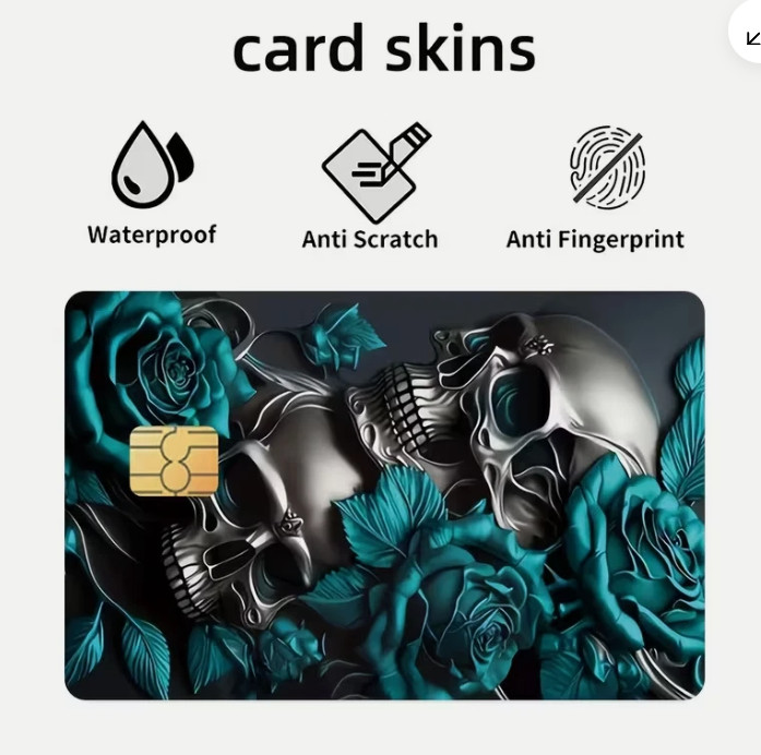 One Debit Credit Card Skin Sticker Decal with Chip Floral Teal Roses & Skulls