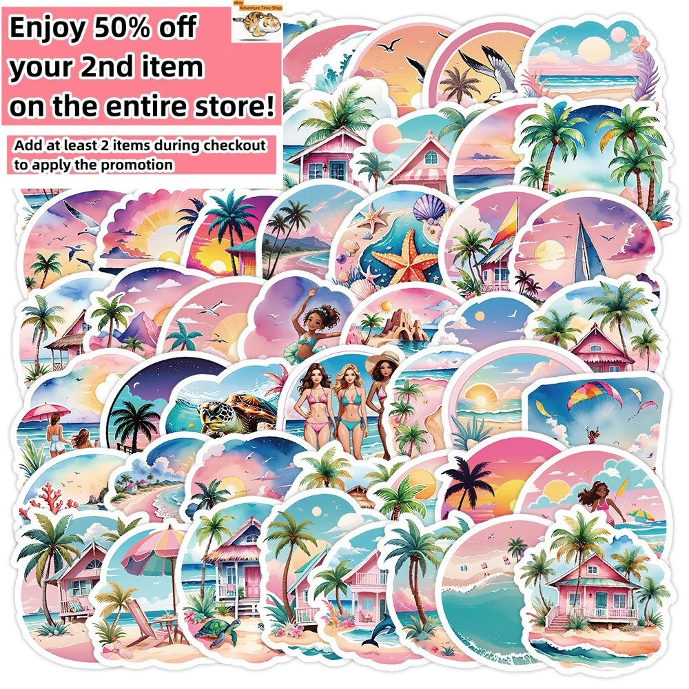50pcs Waterproof Vinyl Stickers Summer Vacation Beach Tree Luggage Phone Laptop
