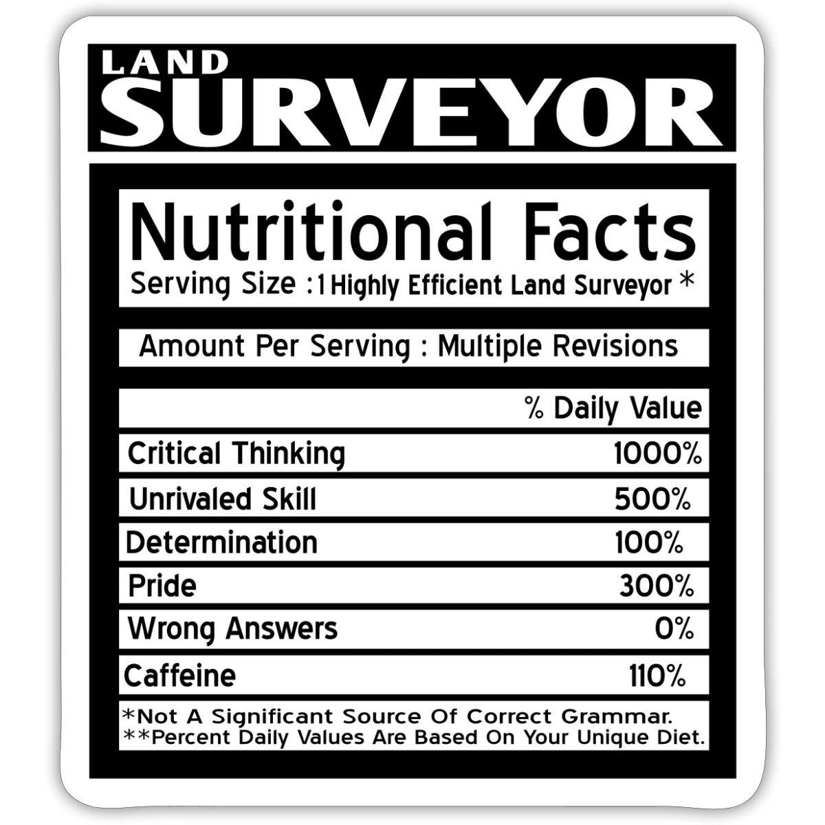 Land Surveyor Nutritional Facts Funny Sticker, max. 4 x 4"