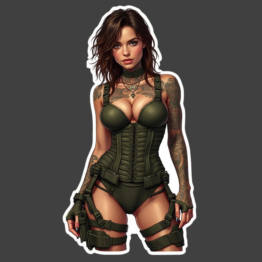 Pinup girl sticker vinyl decal brunette combat green corset lingerie curvy