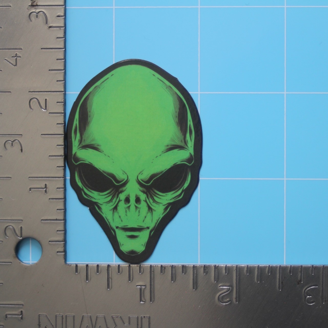 Horror Sticker (GREEN ALIEN FACE) Creepy Halloween, Gloss PVC Decal