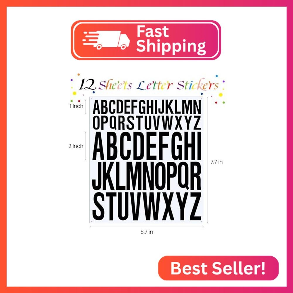 12 Sheets Letter Stickers, 24 Set Self Adhesive Alphabet Stickers, 1 Inch 2 Inch
