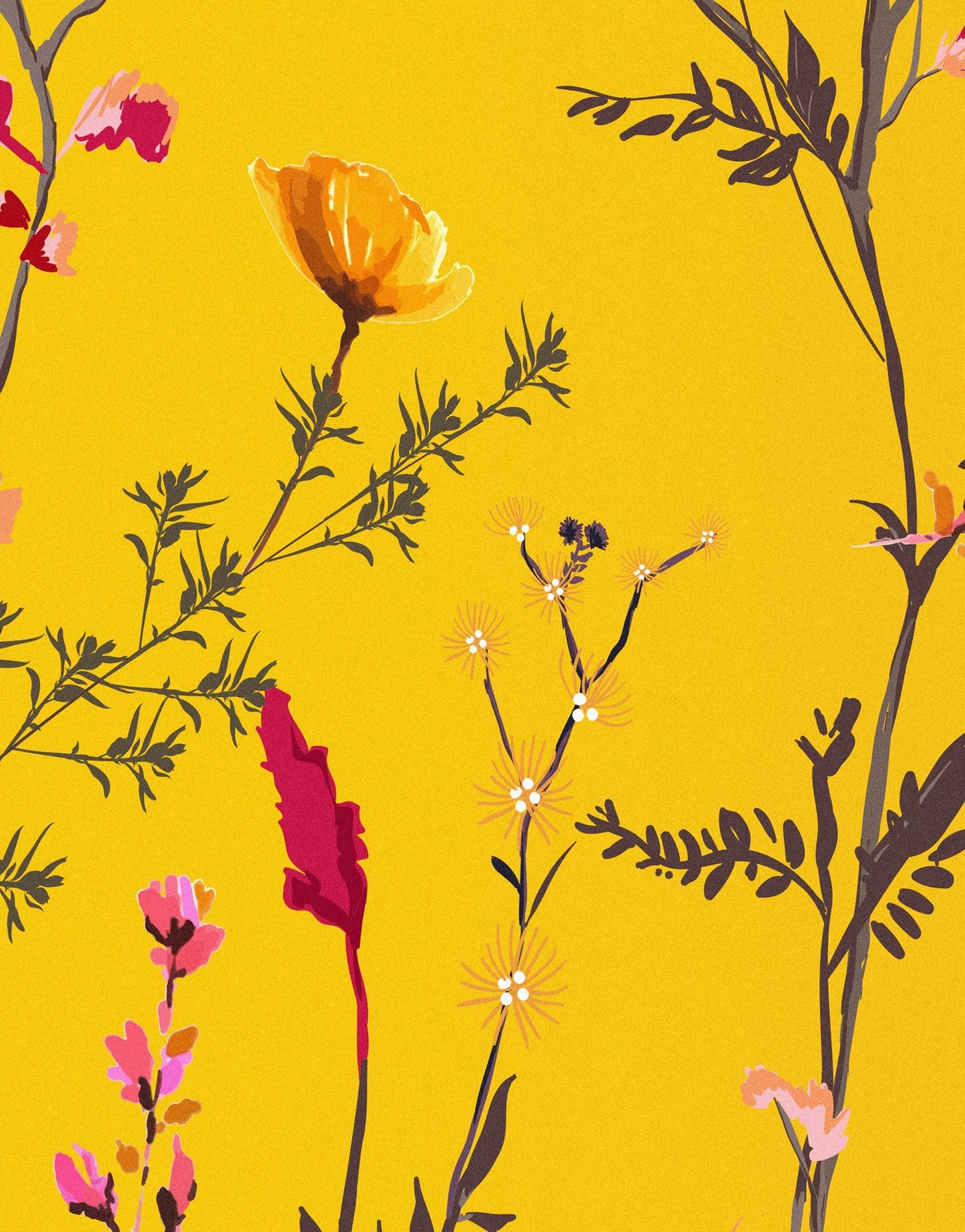 Botanical Flower Garden With Yellow Orange Background Wall Mural. Blossom Flower