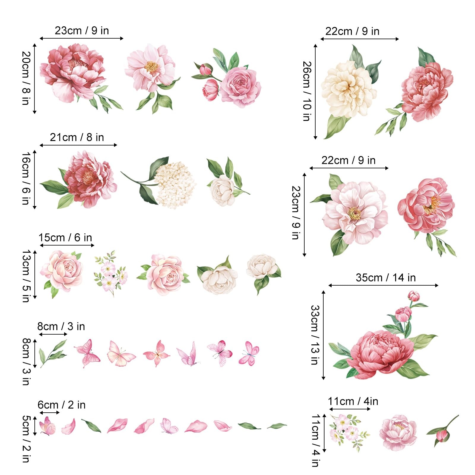 Peony Watercolor Wall Stickers Pink & White Floral Wall Decals Botanical Peel