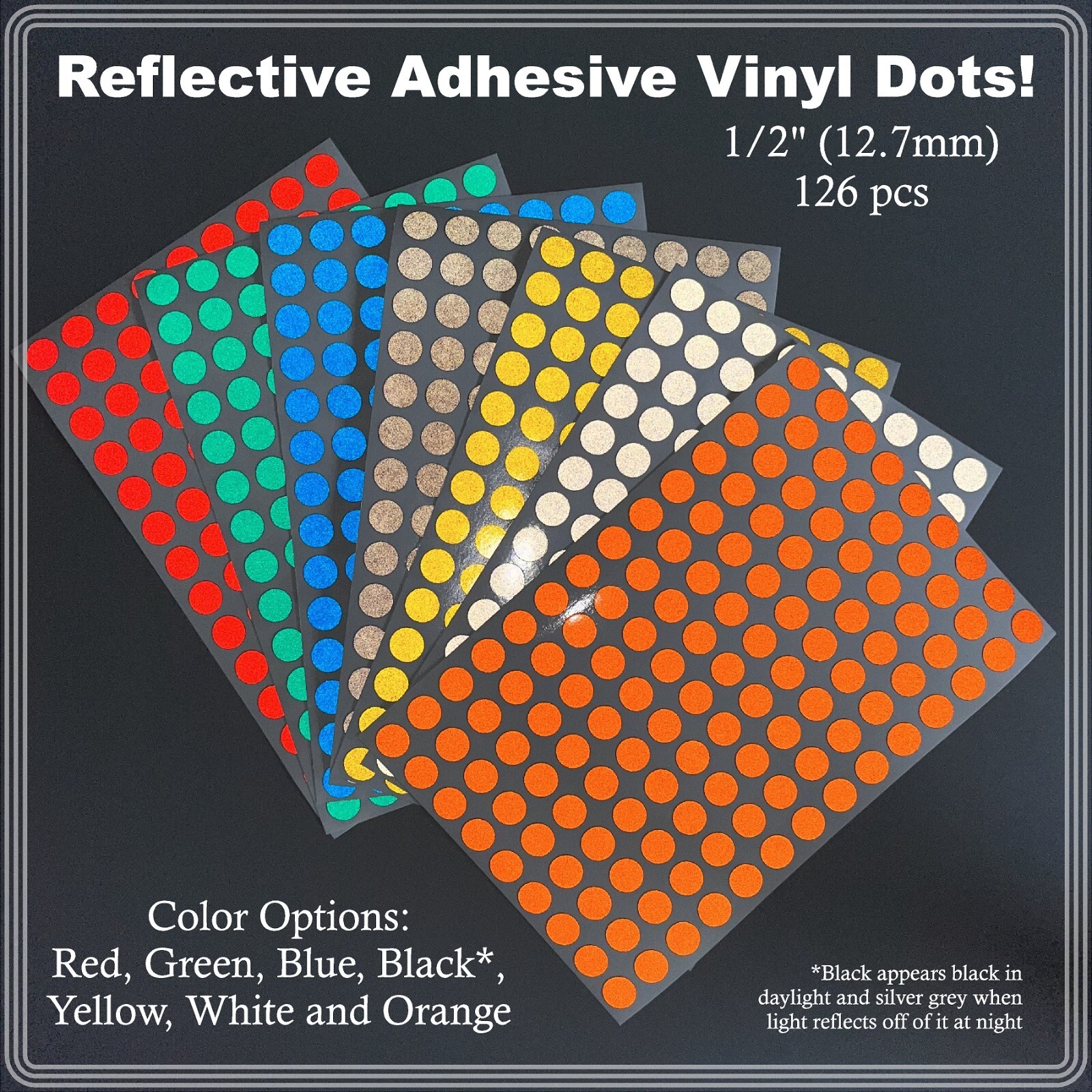 1/2" (12.7mm) Reflective Adhesive Dots Sheets of 126 Stickers 7 Color Options