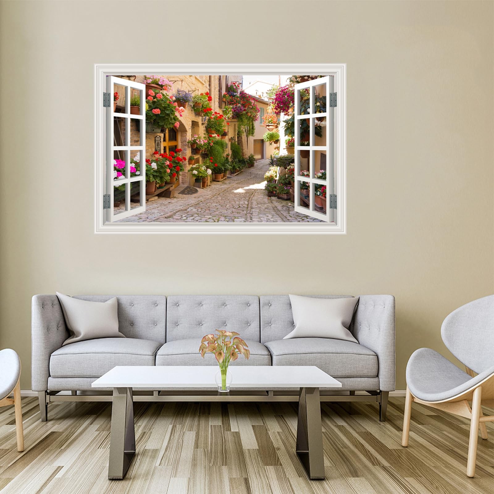 Fake Window Wall Decals Sping Italy Rose Alley Landscape Wall Art Faux Window…