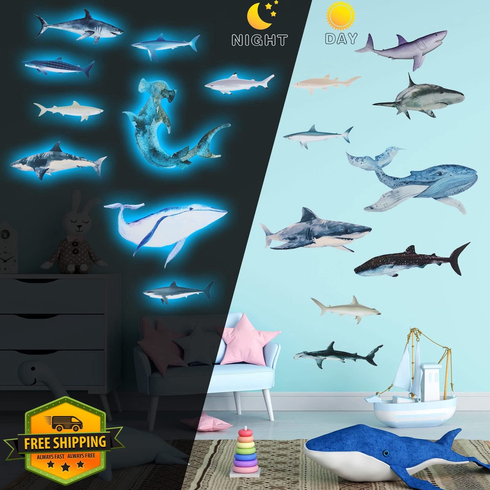 18pcs Glow Shark Wall Decals Removable Nursery Decor Stickers