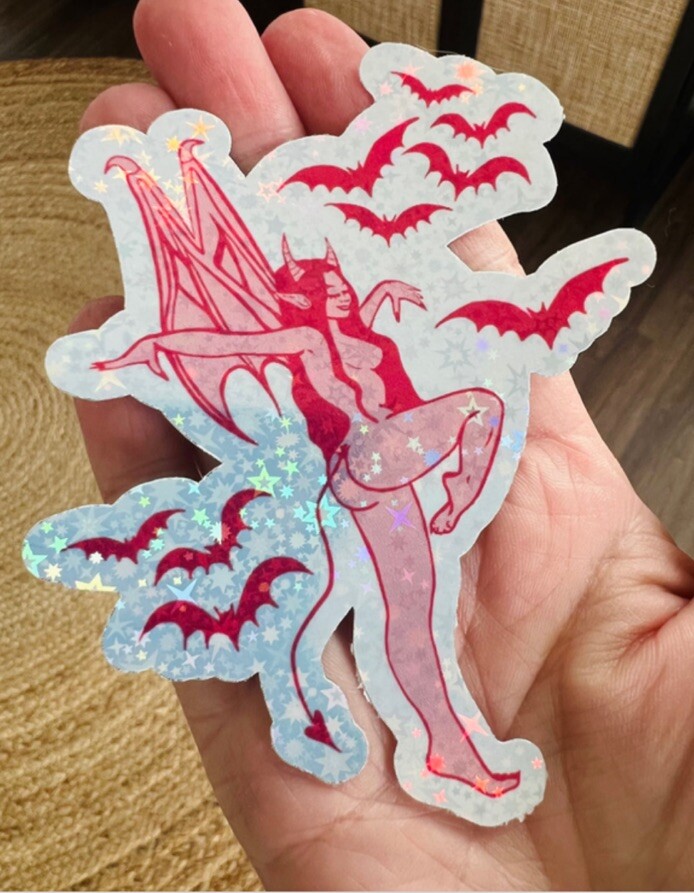 Cute Fantasy Girl Pink Bat Elf Glitter Holographic Horror Sticker Spooky Hallow