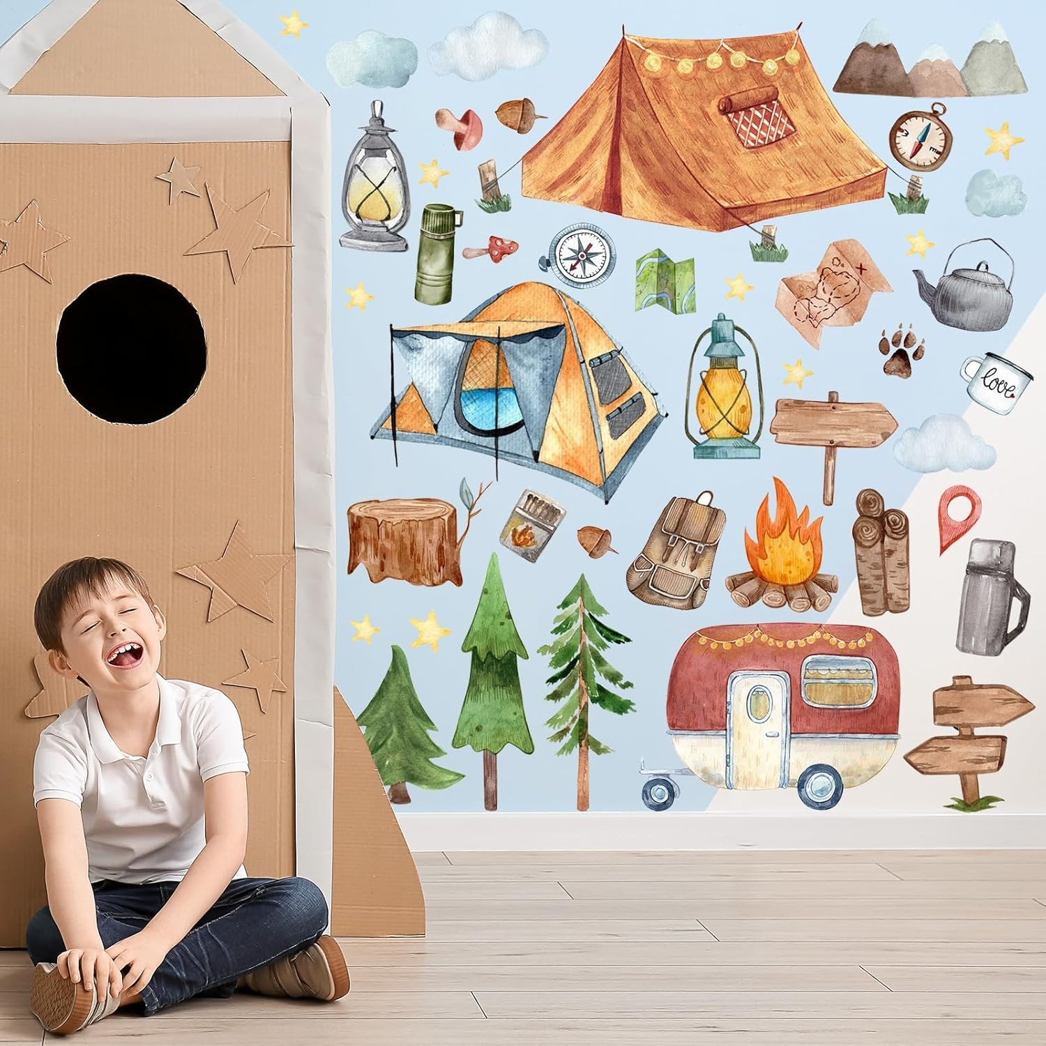 2 Sheet 64 Pcs Camping Wall Decals Stickers Adventure Theme As Picture Shown