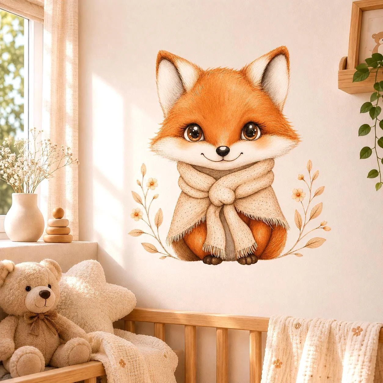 Cute Fox Wall Vinyl Decal | Watercolor Baby Fox Sticker With Scarf