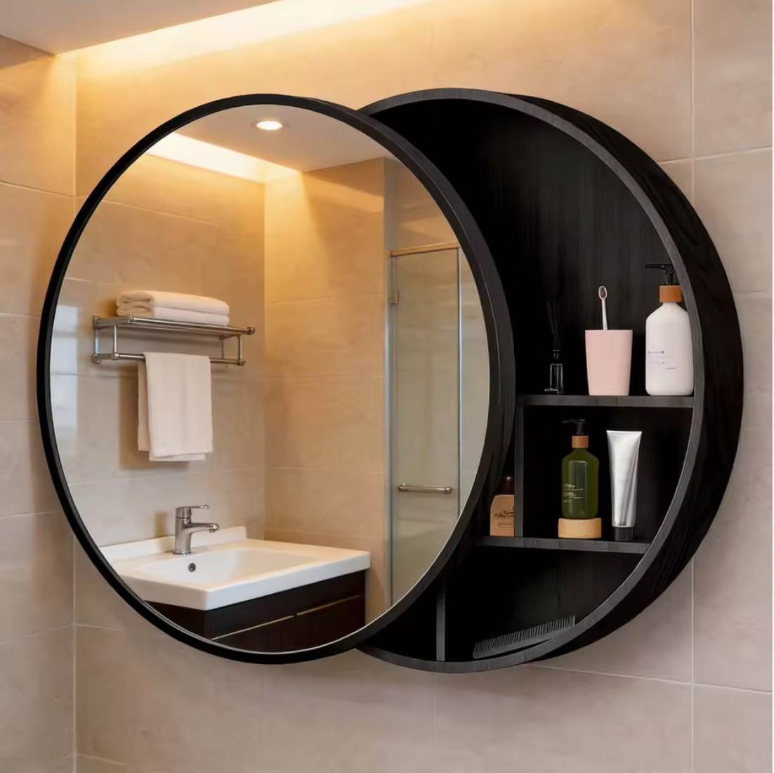 Black Round Glass Wall-Mounted Vannity Cabinet Storage Modern Eco-Friendly