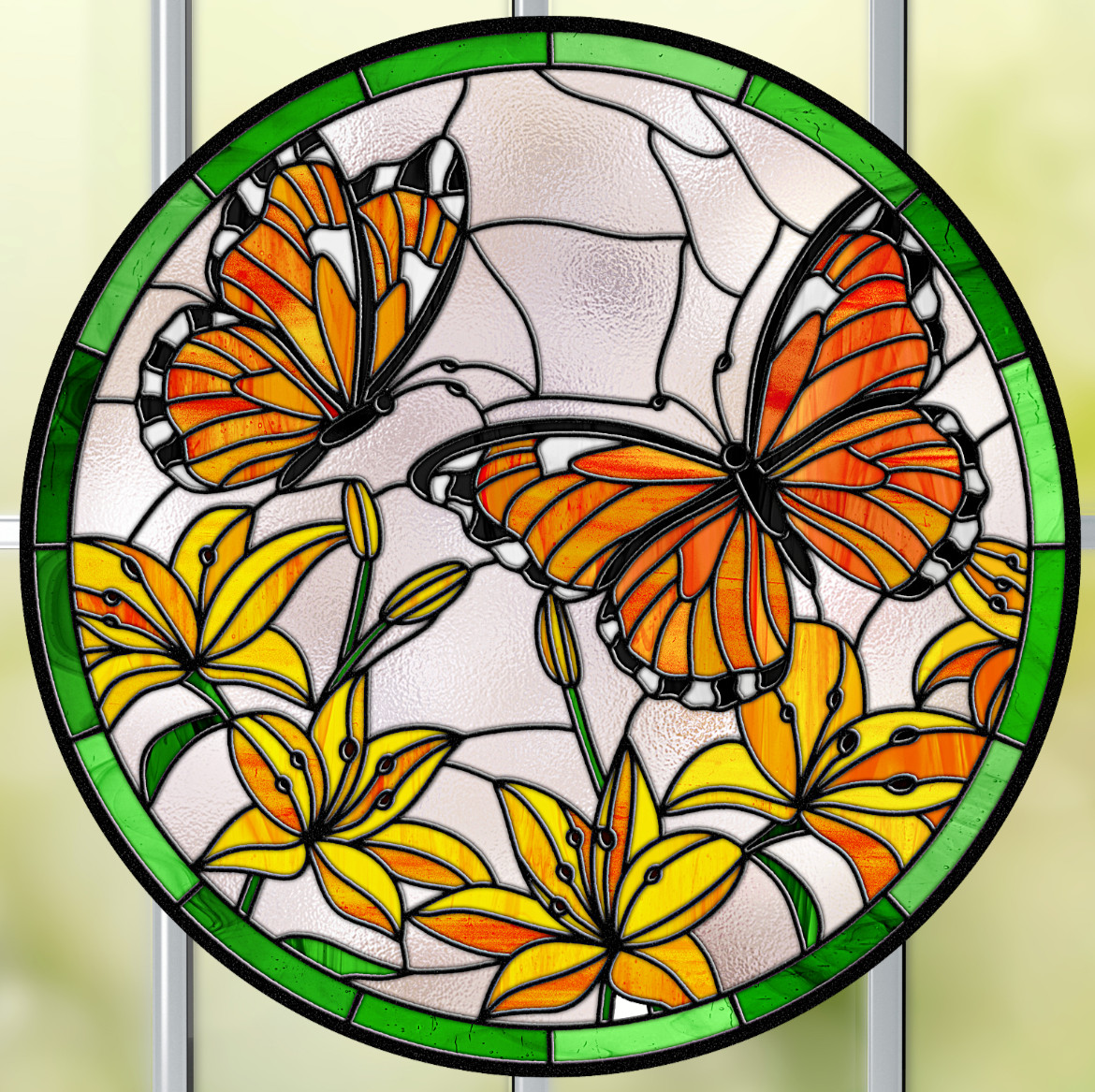 Monarch Butterflies Faux Stained-Glass WINDOW CLING Size 8" Round Vinyl