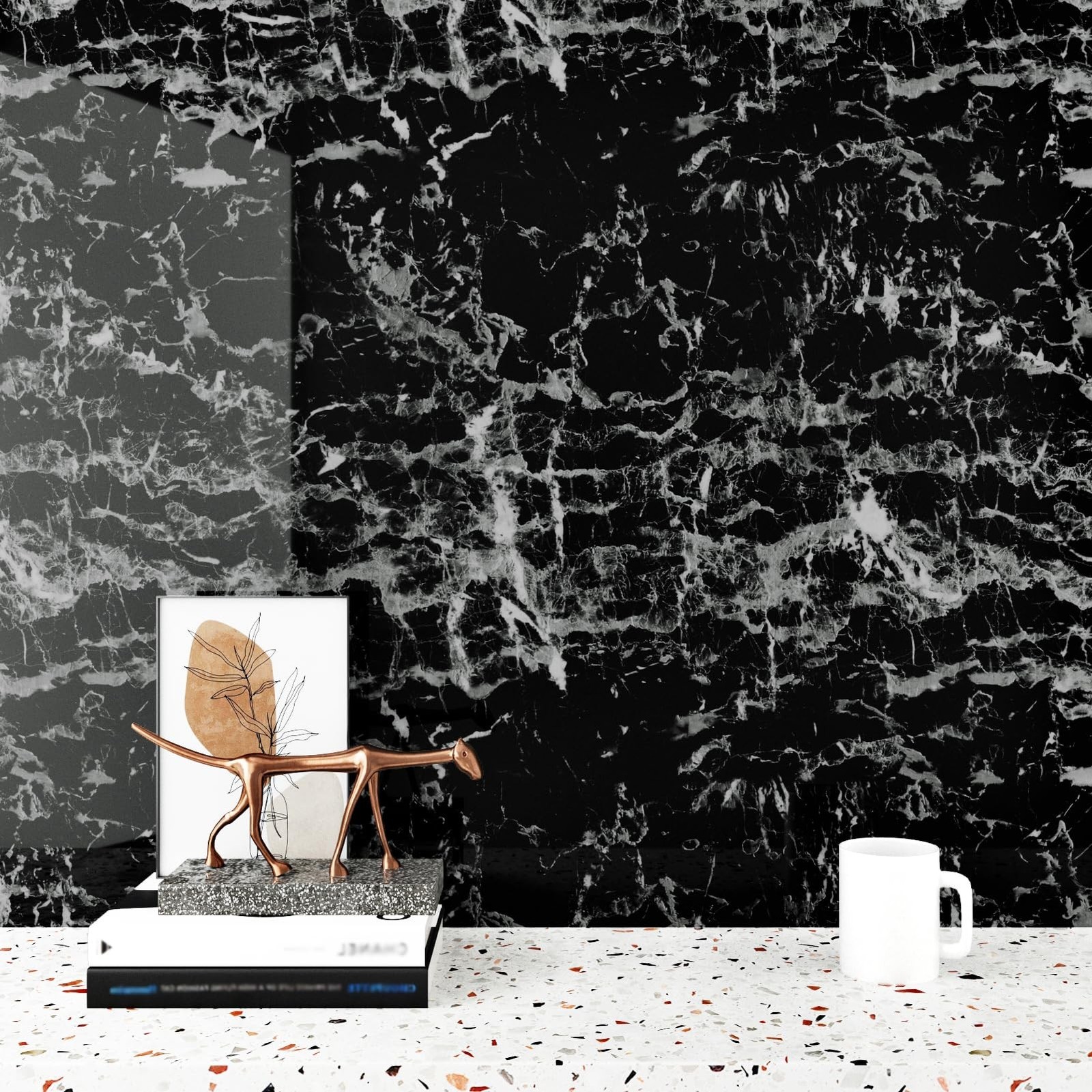 Glossy Black and White Marble Contact Paper for Kitchen Bathroom Shiny Granit…