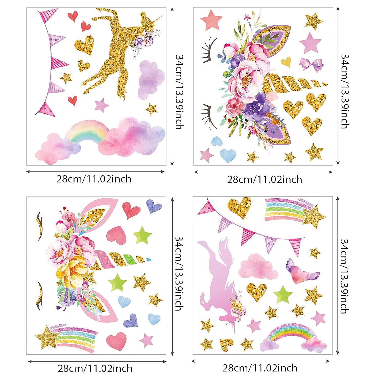 4 Sheets Unicorn Wall Decals Peel and Stick Watercolor Wall Stickers Heart Star
