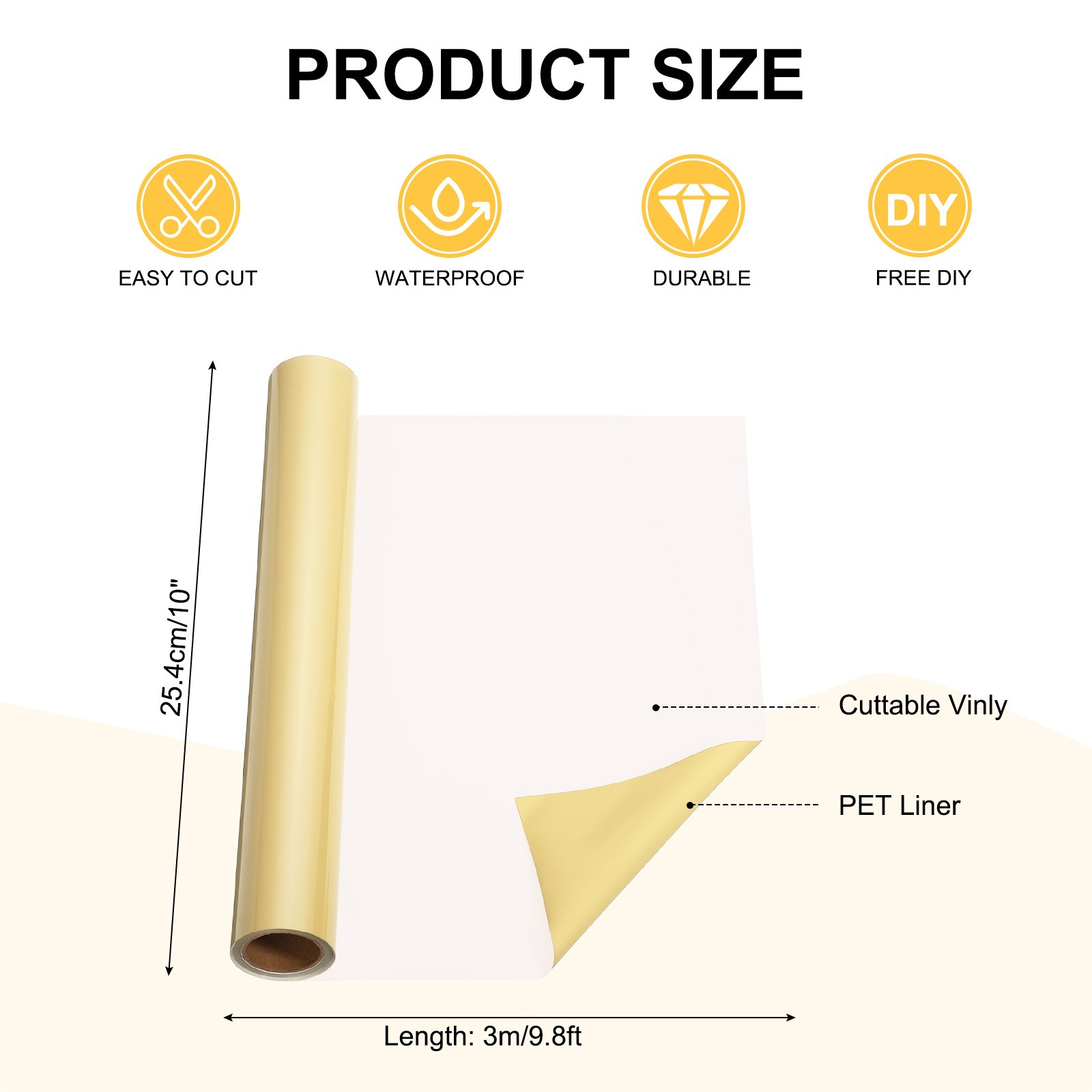 Cream Permanent Vinyl, 10 Inch x 9.8ft Vinyl Roll