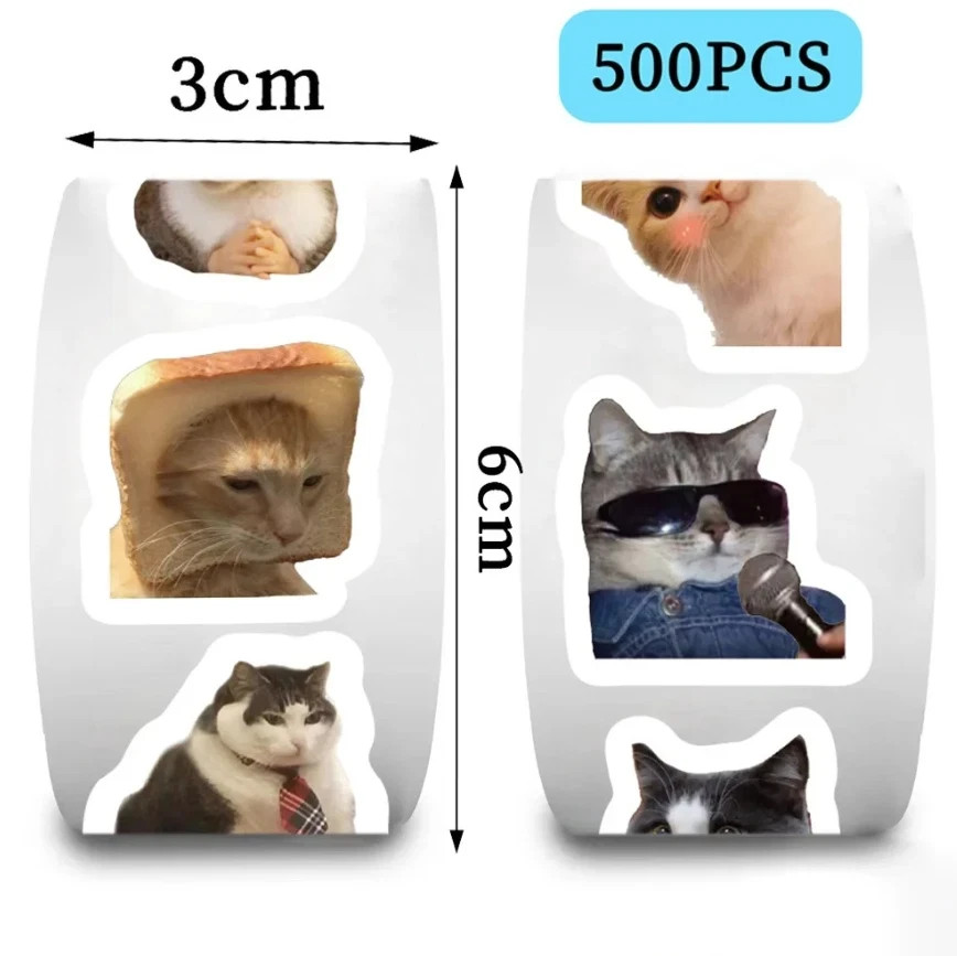 500pcs Roll Funny Cat Meme Stickers Waterproof Cartoon Graffiti Decals – NEW
