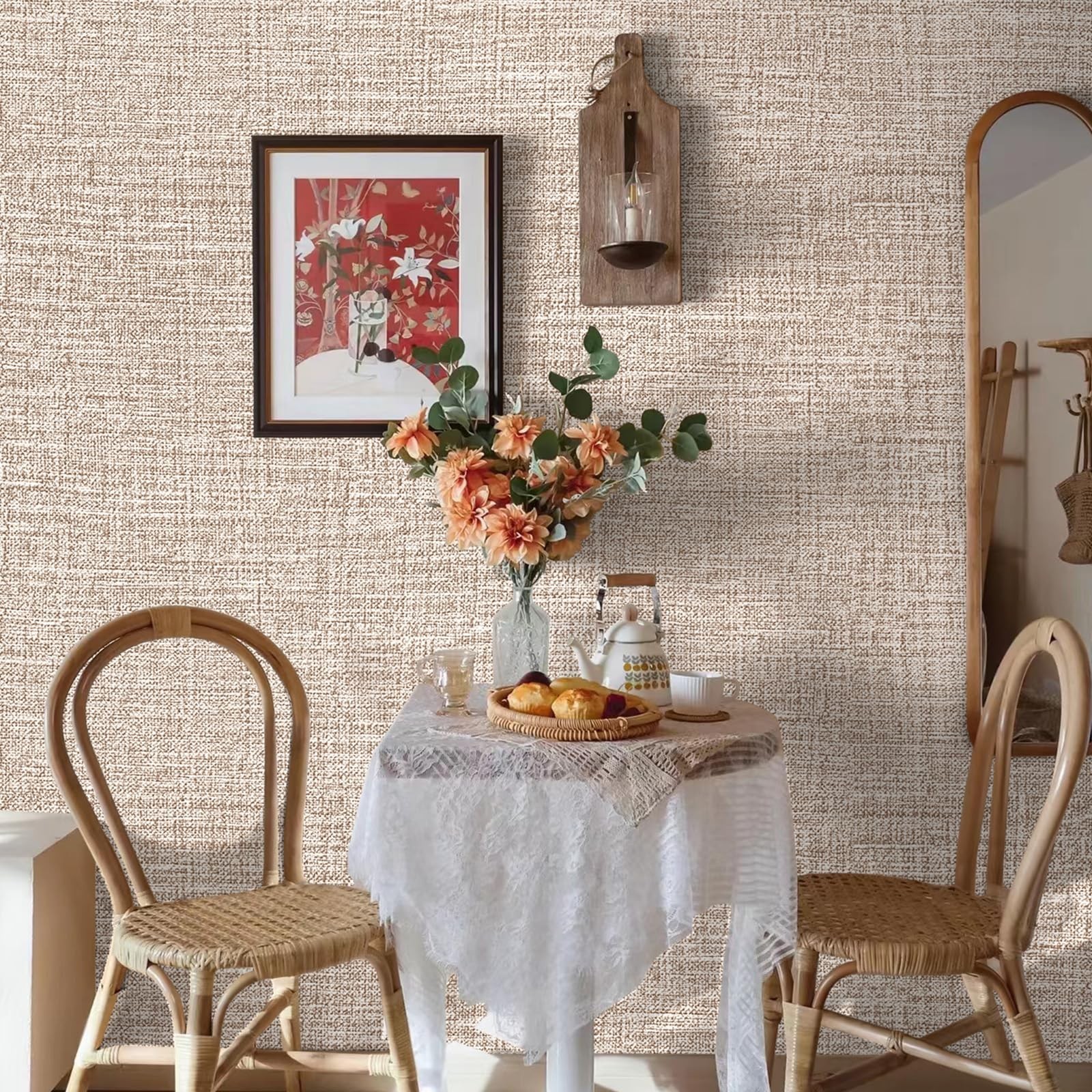 Amiya Grasscloth Khaki Wallpaper 17.3"x80" Peel and Stick Tan Textured Fabric…