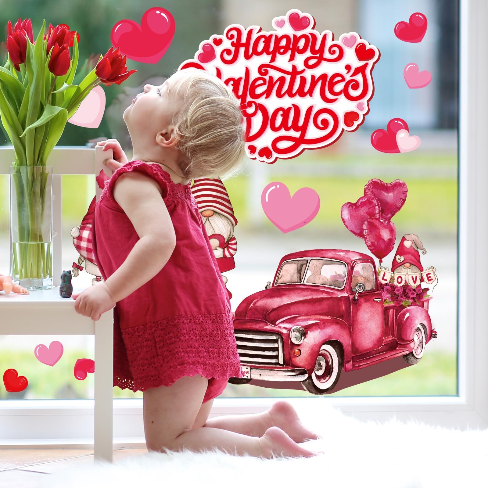 35.4 x 11.8 Inch Valentine's Day Heart Tree Wall Stickers Pink Red Gnome Truck L
