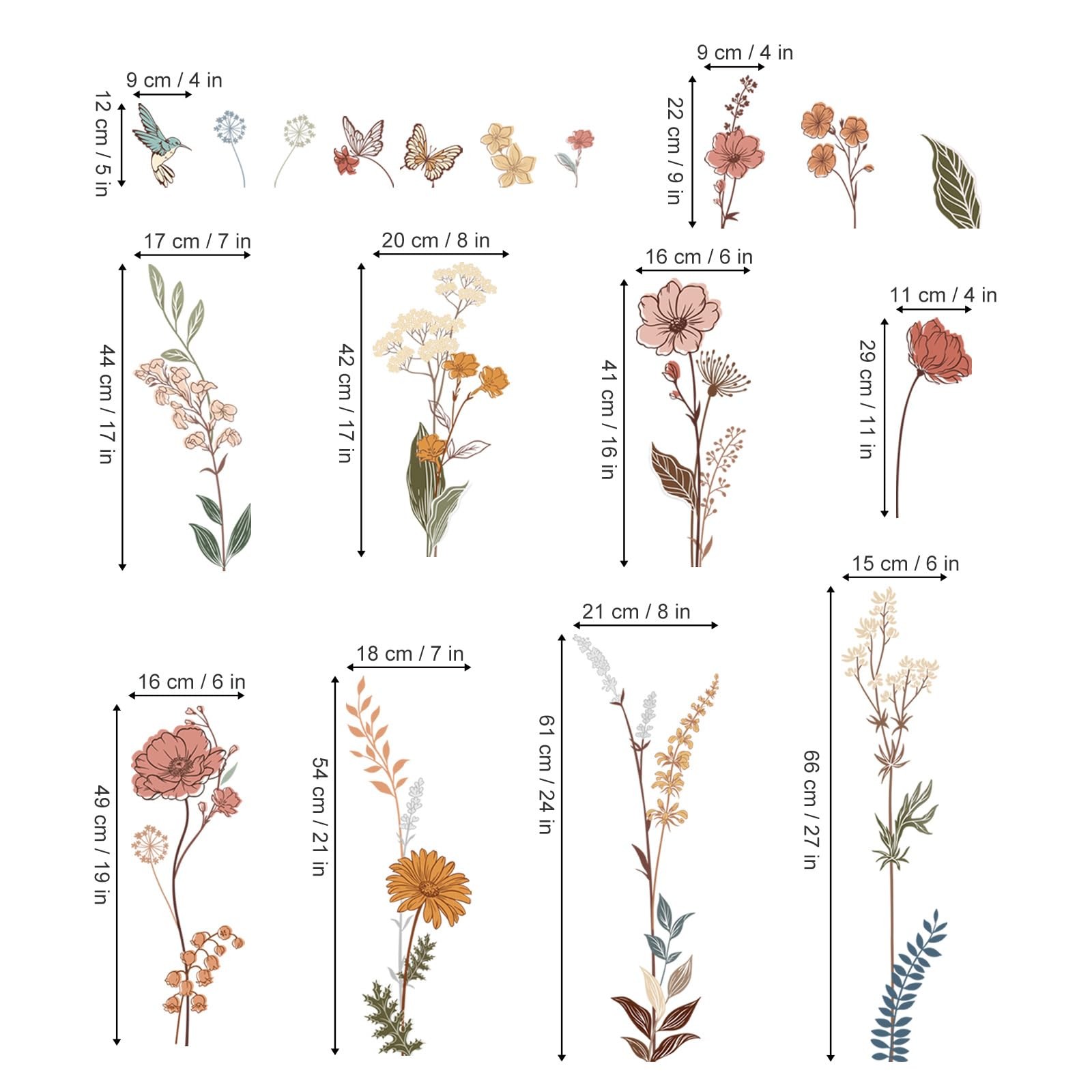 Boho Flower Wall Stickers – Floral Grass Peel and Stick Decals for Nursery