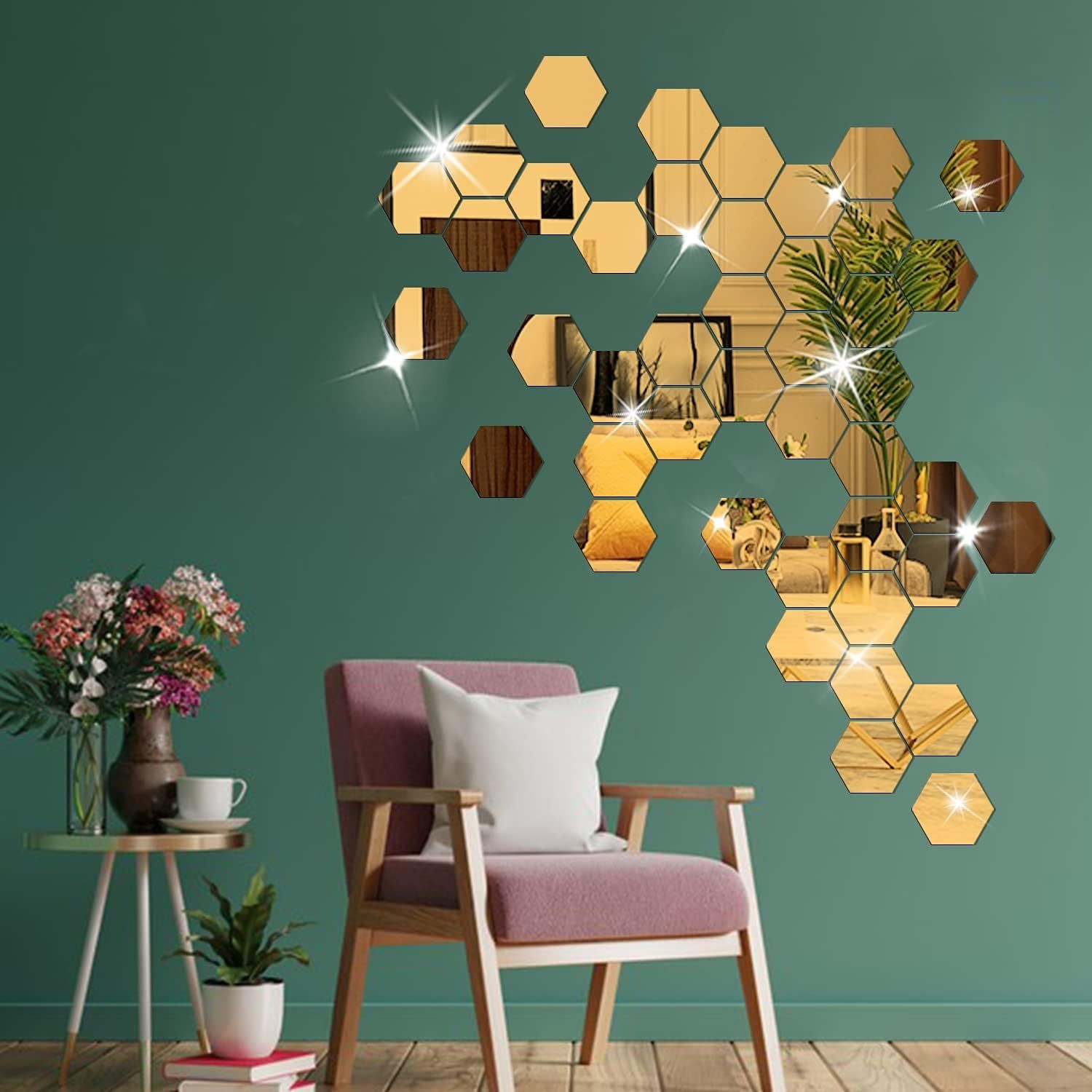 24Pcs Large Hexagonal Mirror Wall Stickers Boho Living Room Background Wall Art