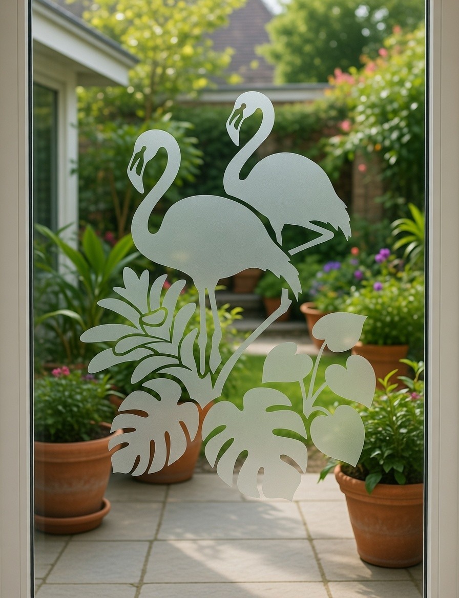 Flamingo Tropical Etched Glass Look Decal Shower Door Windows 22" wide x 30"
