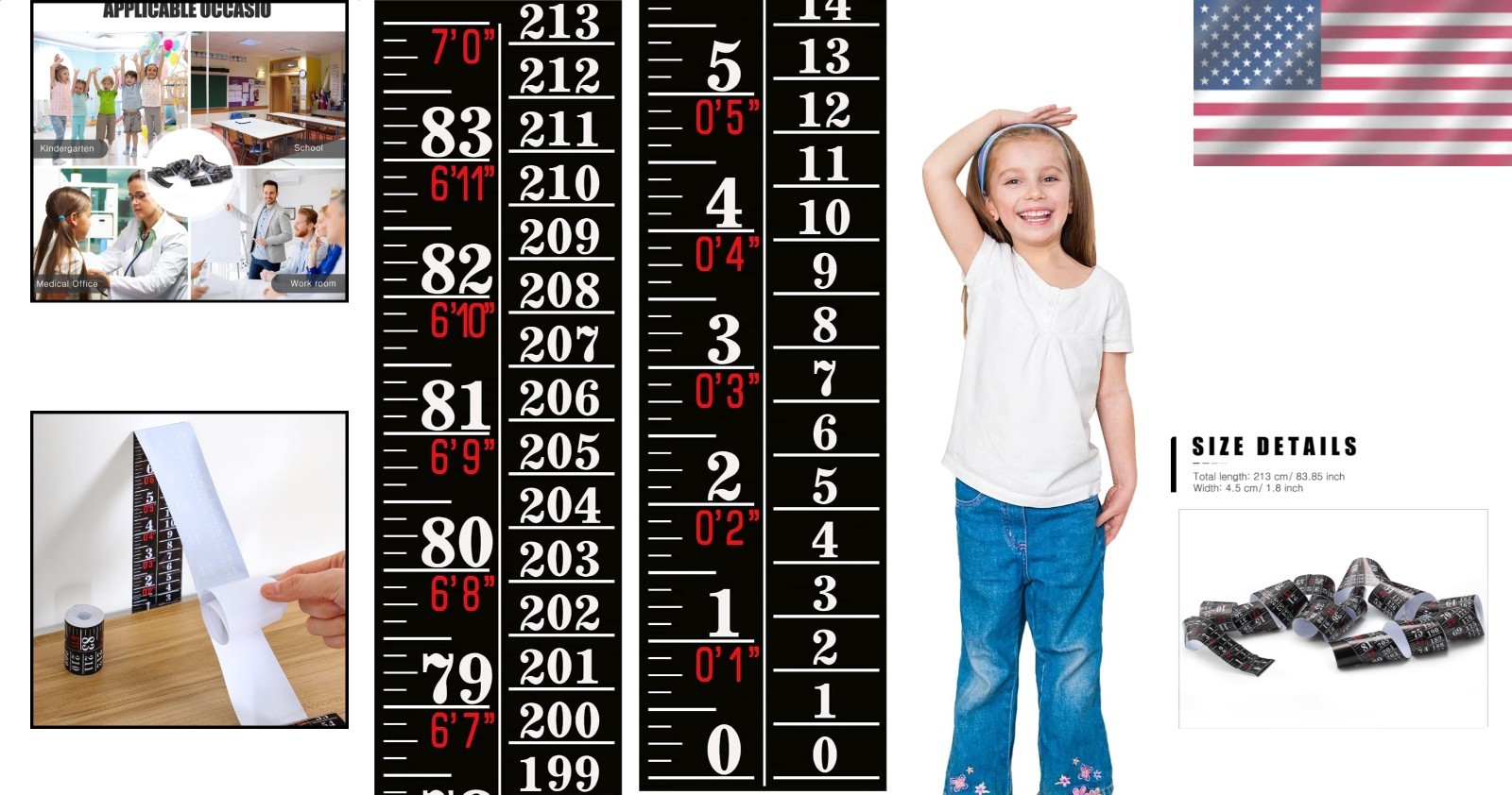 Growth Chart Ruler Black Adhesive Height Indicator Tape Measure Decor