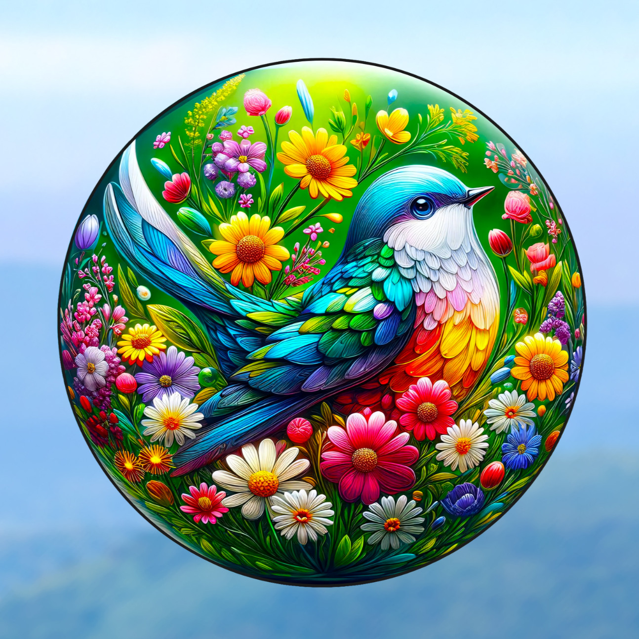 Pretty Bird & Daisy Flowers WINDOW CLING Sun-catcher Size 8" Round