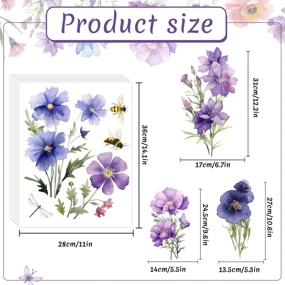 9 Pieces Flowers Wall Decals Flower for Walls Vinyl Colo