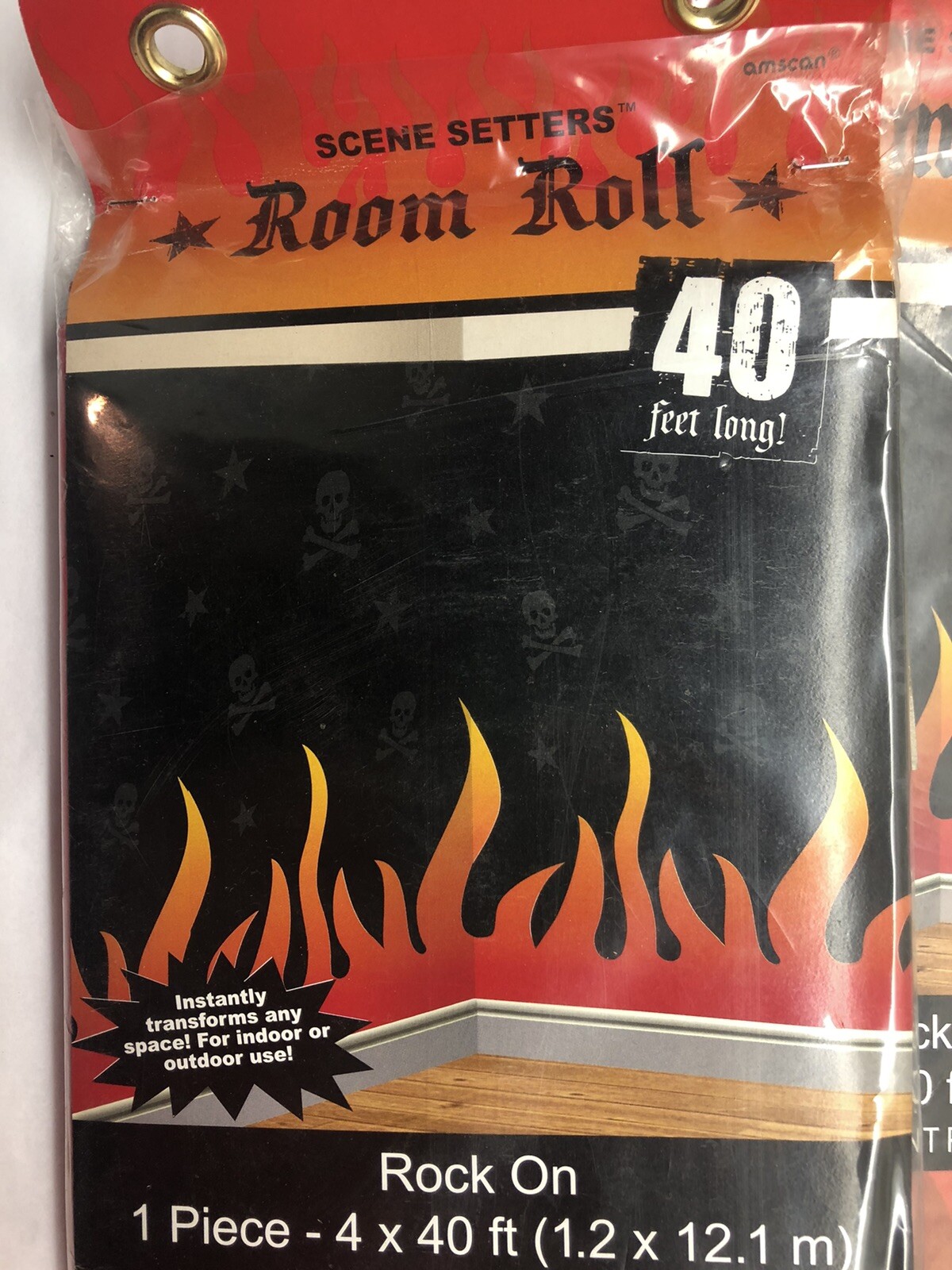 2- PACK of Scene Setters Room Roll 40 Ft Long Skull/flames Decoration Bday Party