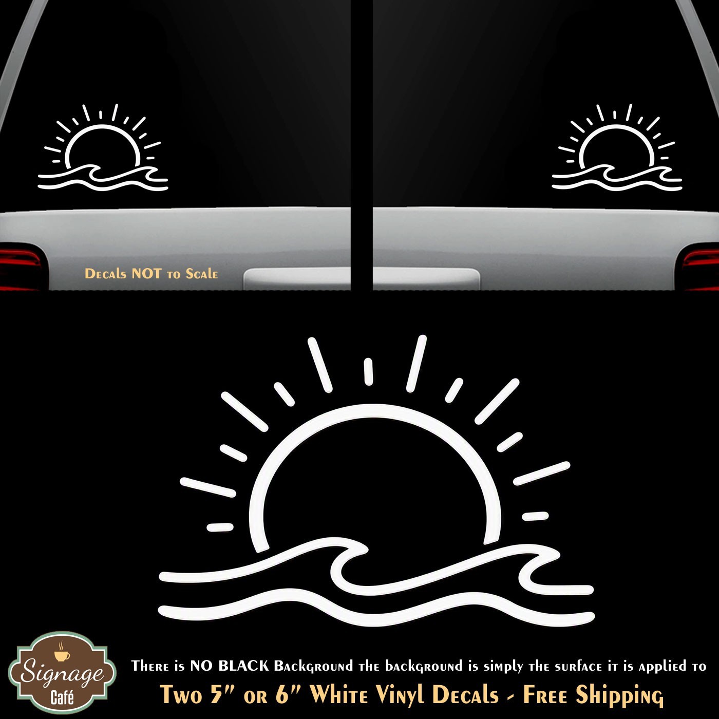 Sun & Waves Two White Vinyl Decals Car Truck Windows Any Flat Surface