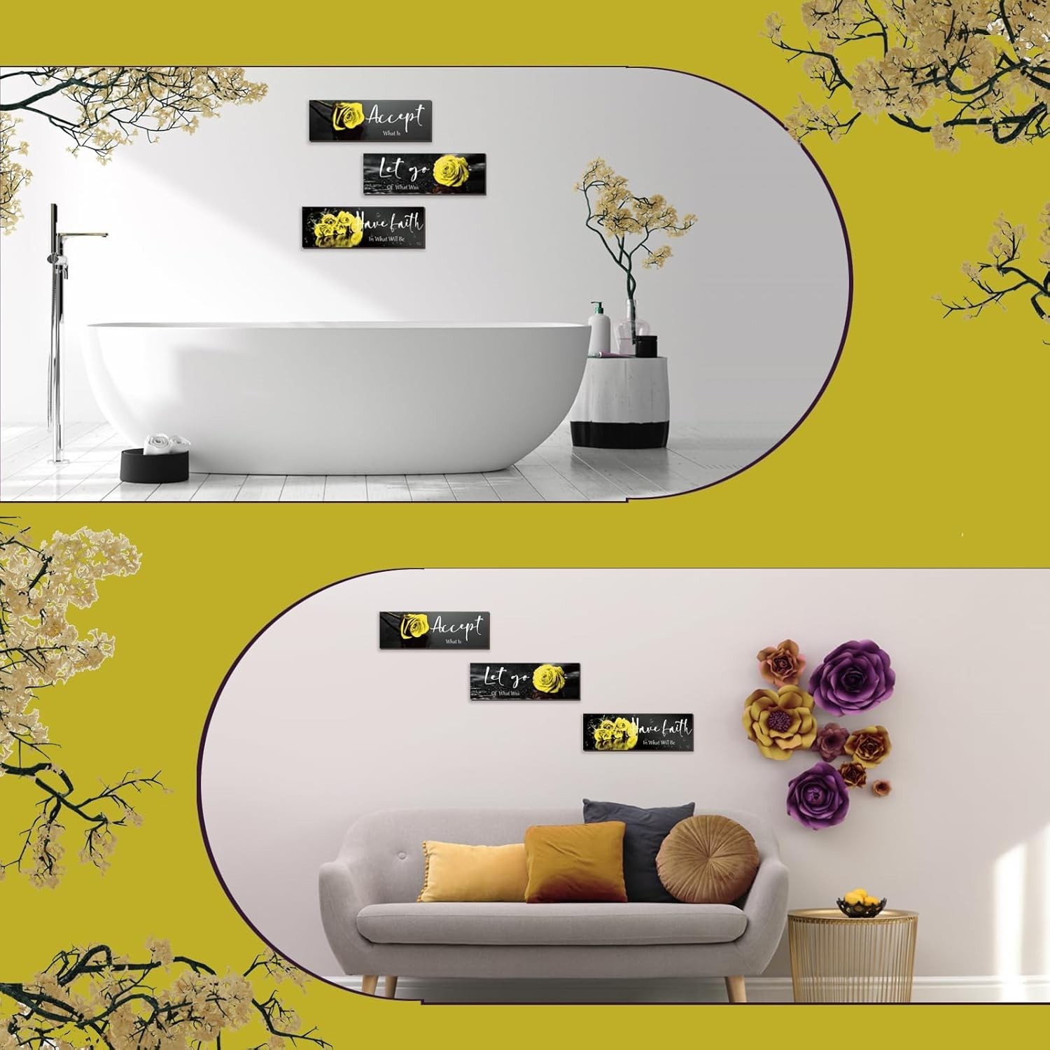 Charming 3-Pc Yellow Rose Wall Decor with Faith-Inspiring Quotes – 12×4 Inches