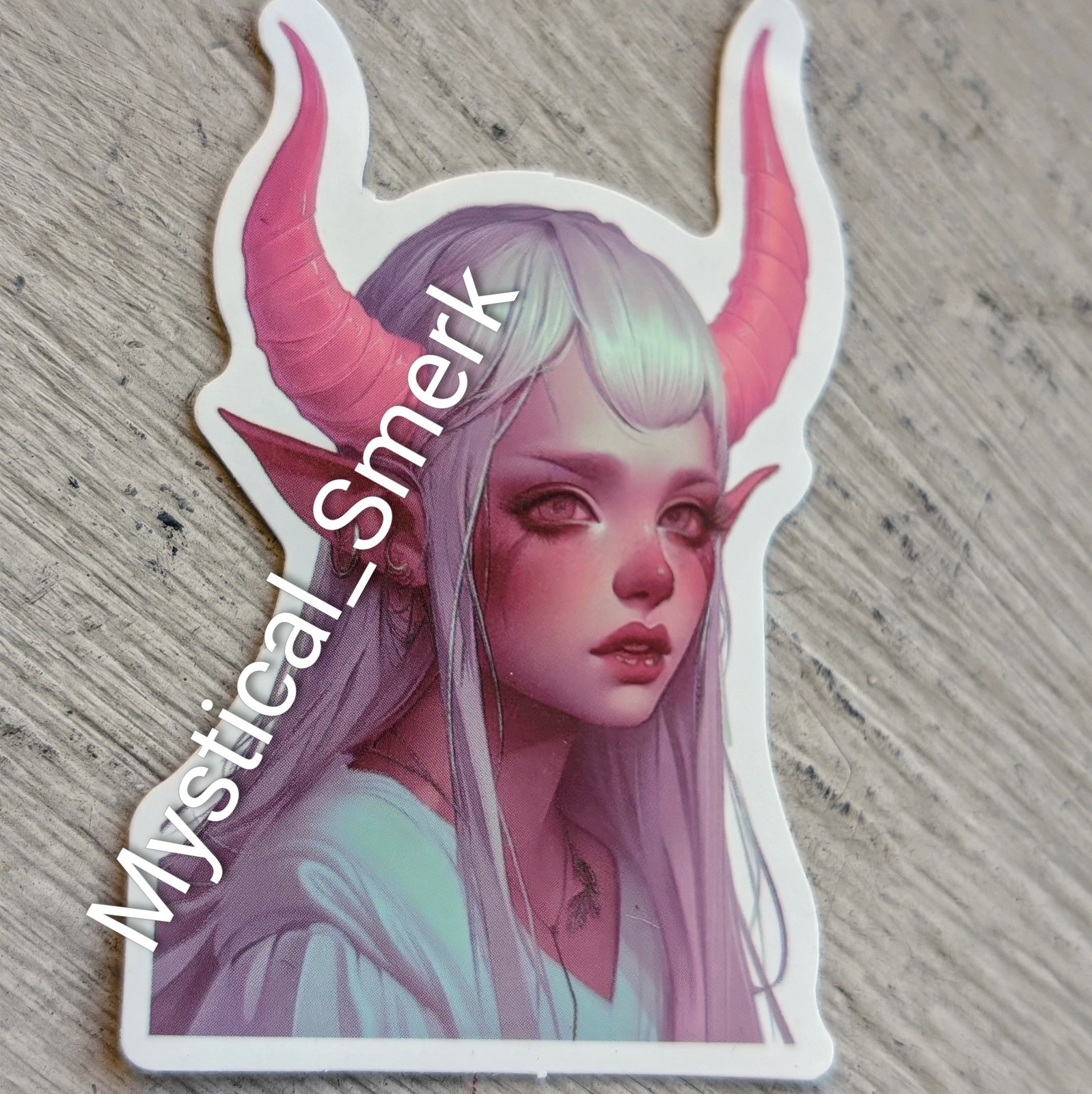 Haunted Doll Active Spirit Demon Girl With Pink Horns White Elf Sticker 1Pc