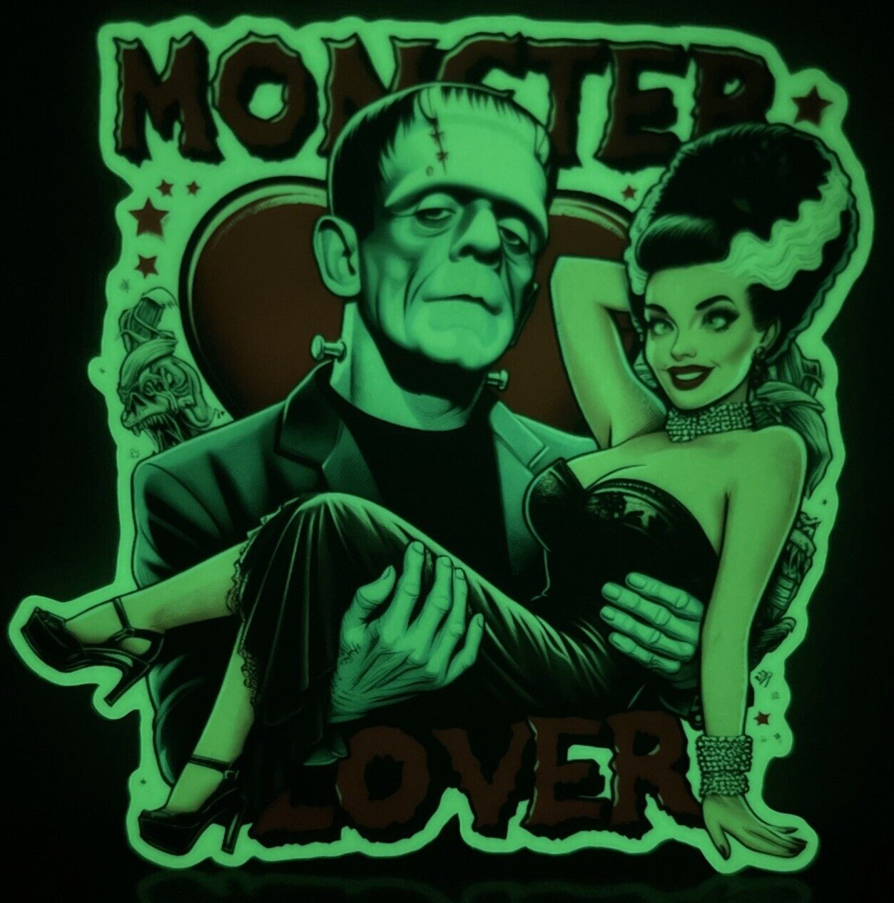 Halloween Sticker Decal Monster Lover Frankenstein Mrs. Hearts GLOW DARK Horror