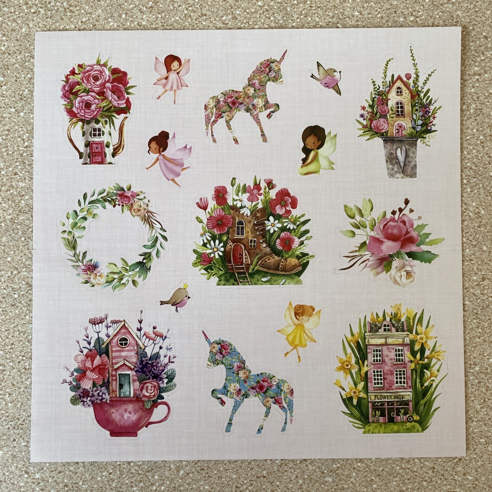 Kid Fairies Flowers Butterflies Unicorn Fantasy Flower Shop Teapot Stickers New