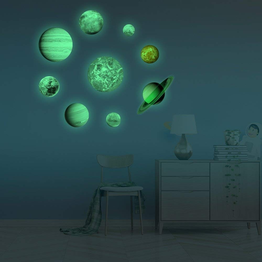 9pcs Removable Glow in The Dark Planet Wall Stickers Sun Earth and so on Glow…