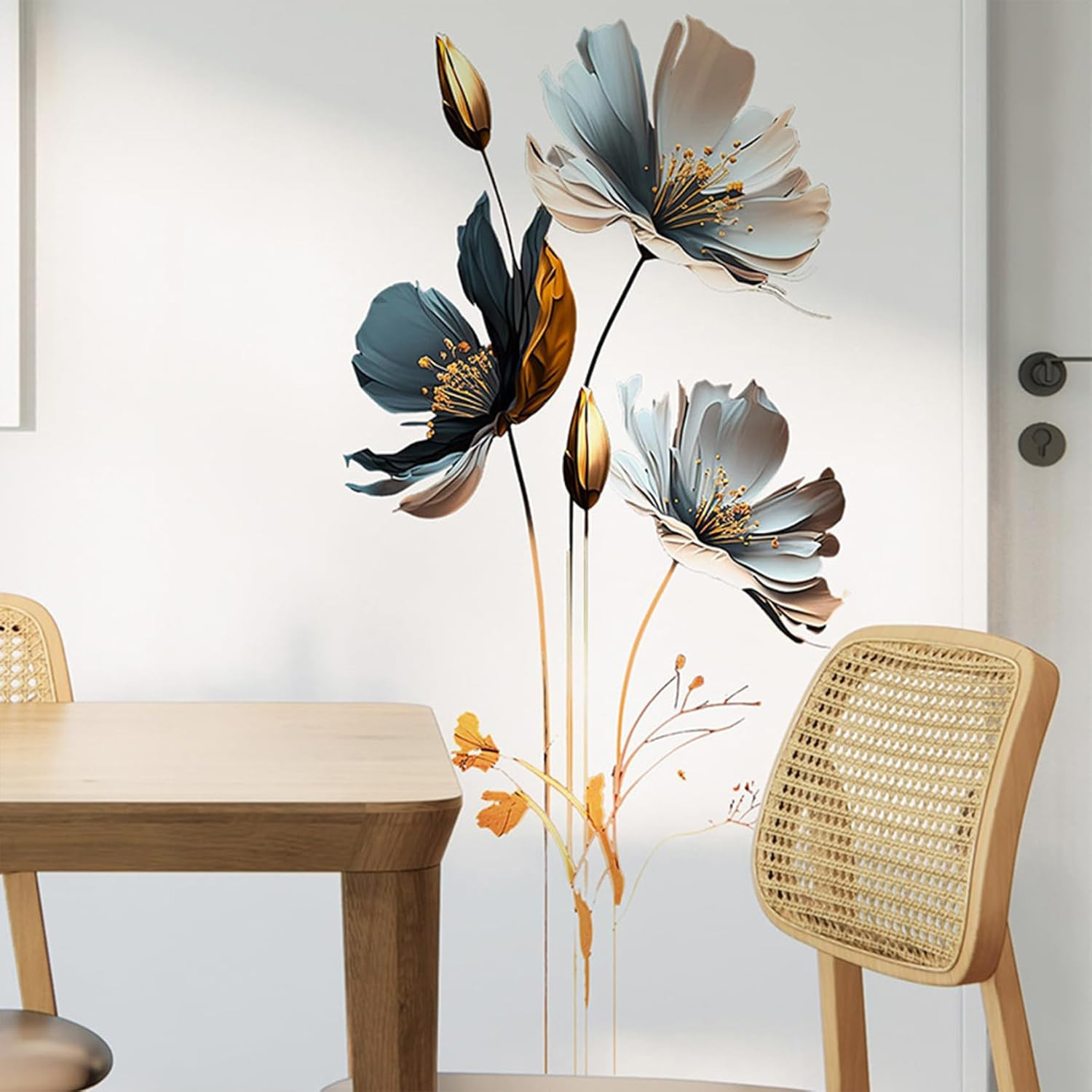 Black and Gold Wall Decor Decals, 3D Flower Wall Stickers Floral Gold Leaves Pla
