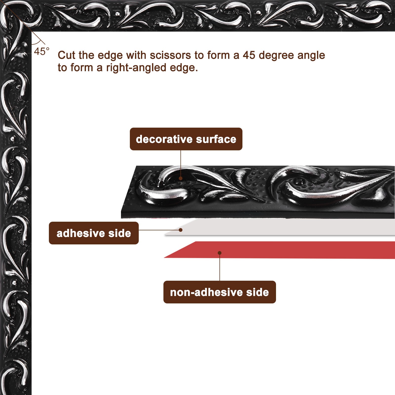 Flexible Wall Trim Molding 16.4Ft x 0.79Inch Adhesive, Wave Black Silver