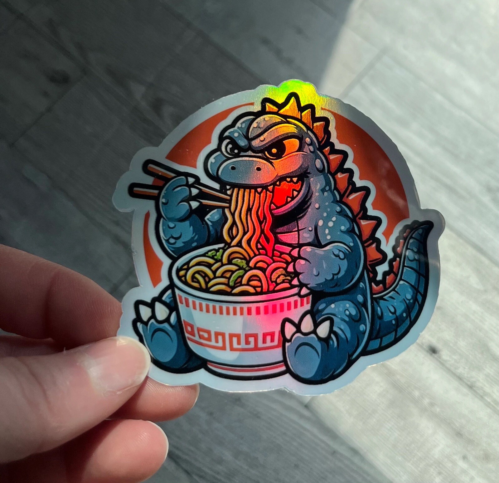 3Inch Godzilla eating ramen Holographic 3 Inch Waterproof Sticker