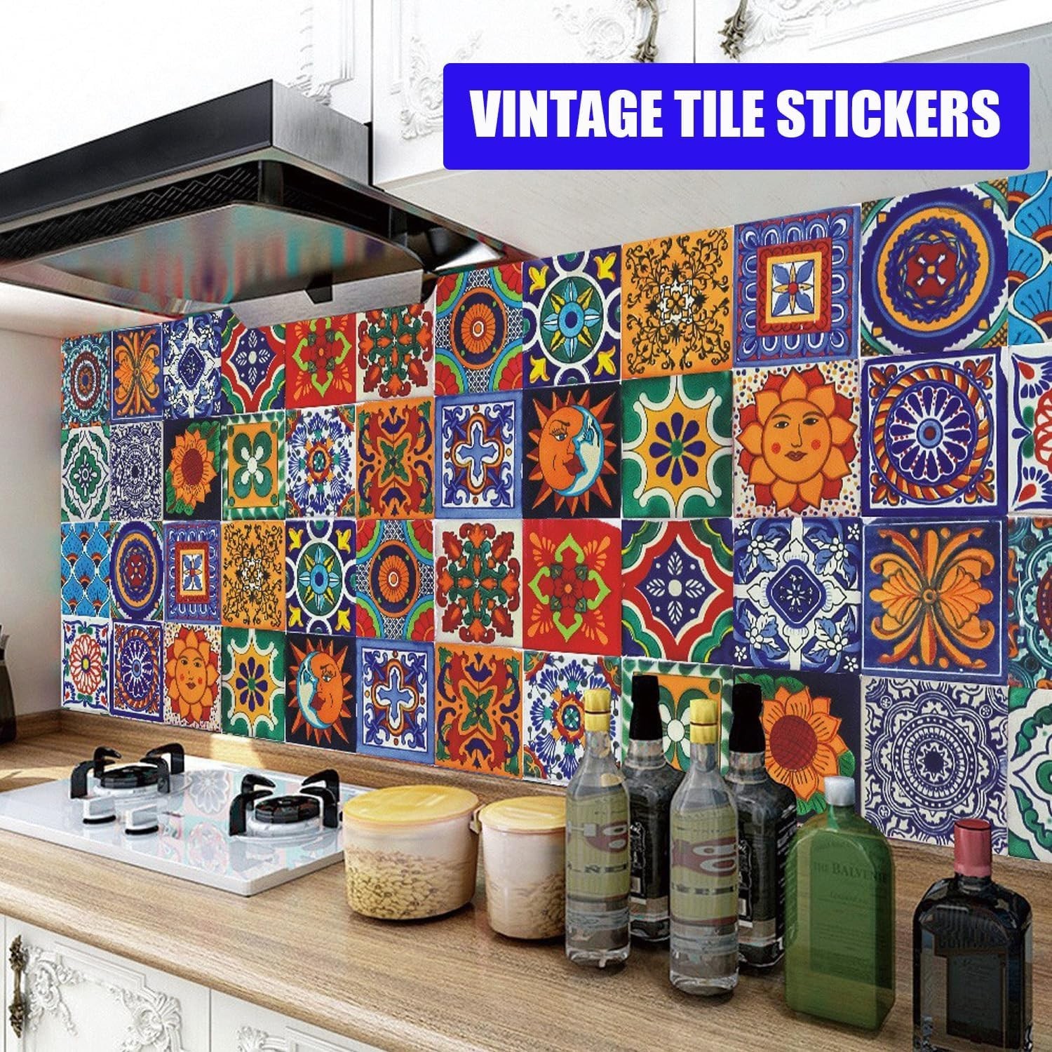 Retro Bohemian Tile Stickers – 24 Waterproof Wall Decals for DIY Decor