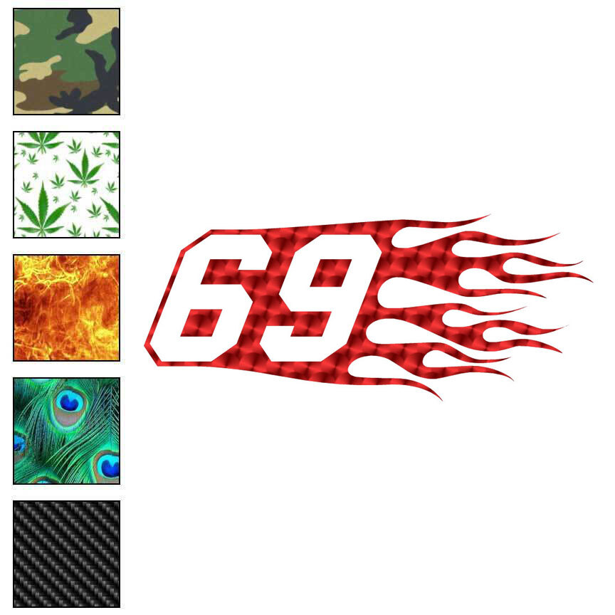 Flames Number 69 Sixty Nine, Vinyl Decal Sticker, 40 Patterns & 3 Sizes, #7335