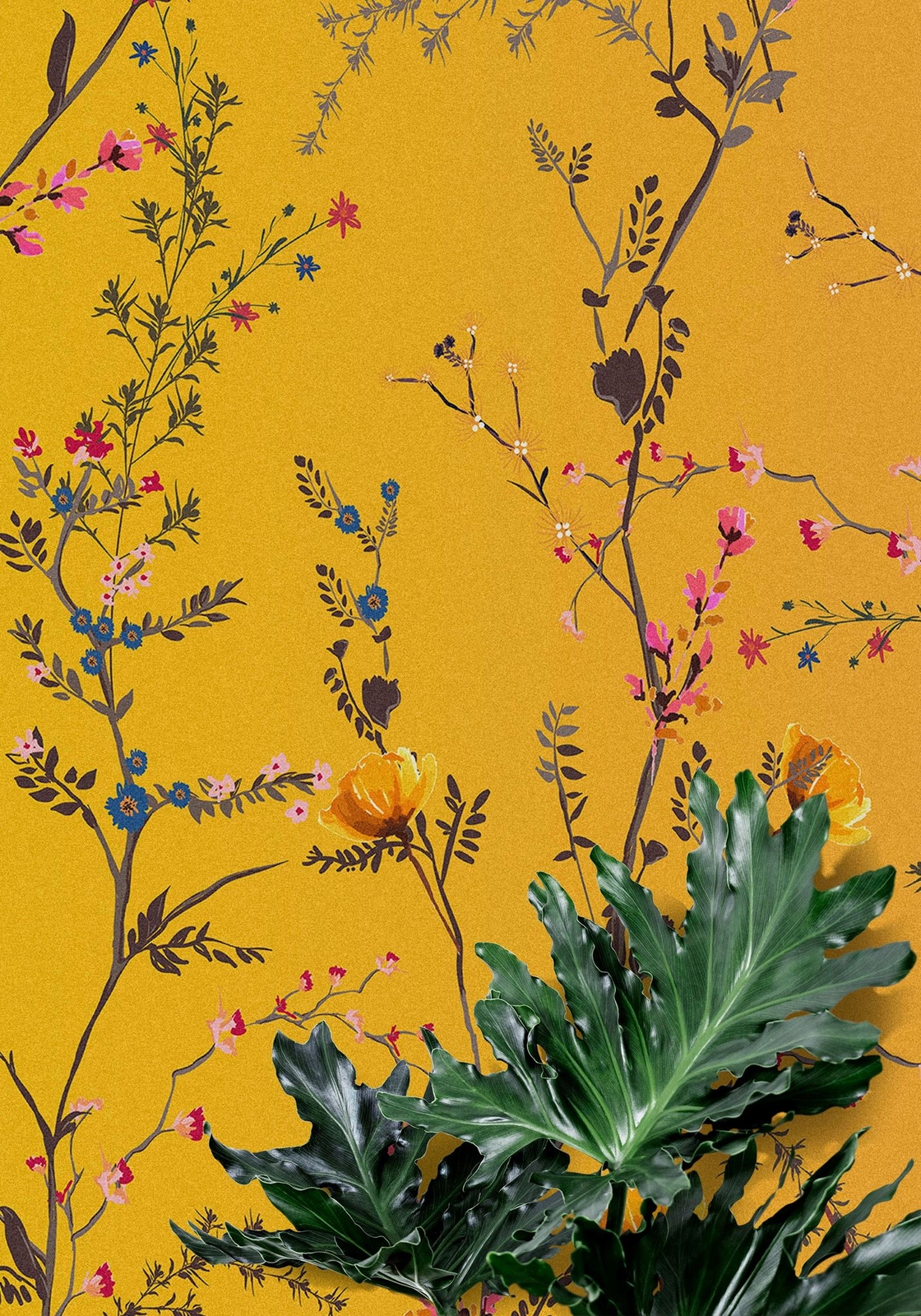 Botanical Flower Garden With Yellow Orange Background Wall Mural. Blossom Flower