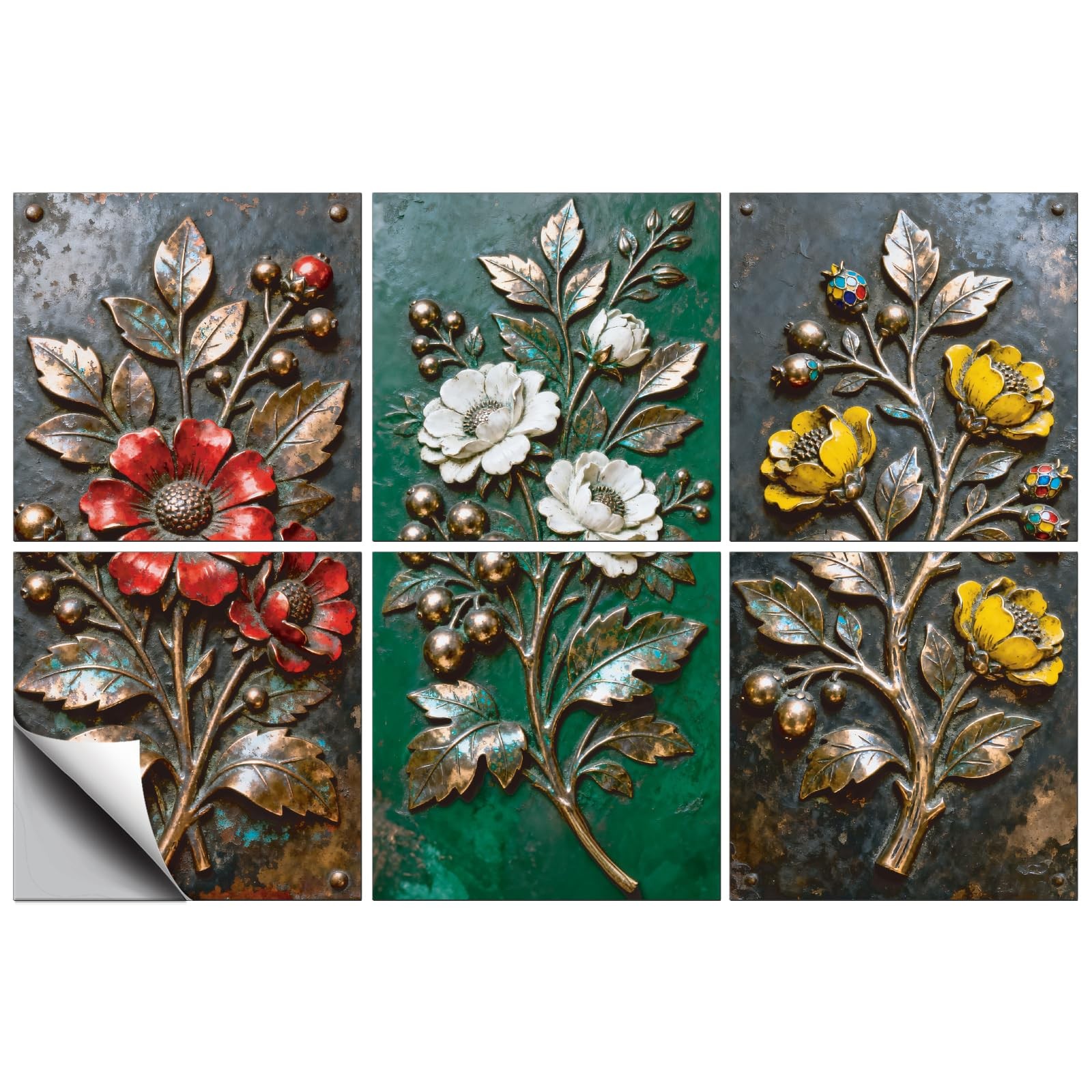 36 Pcs 6 Style Flowers Peel and Stick Wall Tile Stickers Colorful Metal Flowe…