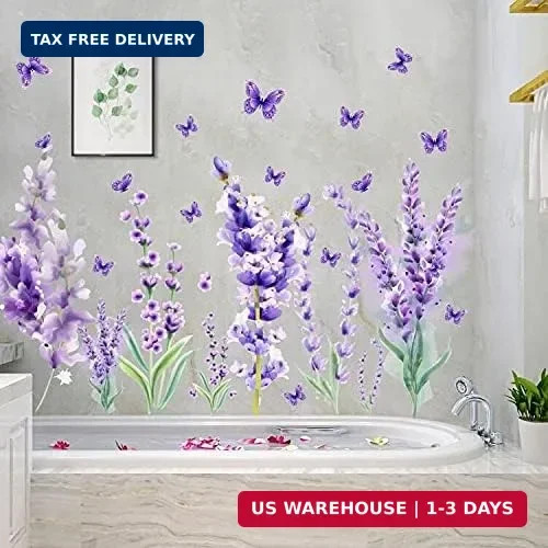Removable Purple Lavender Wall Decals Purple Flowers Butterfly Wall Stickers DIY
