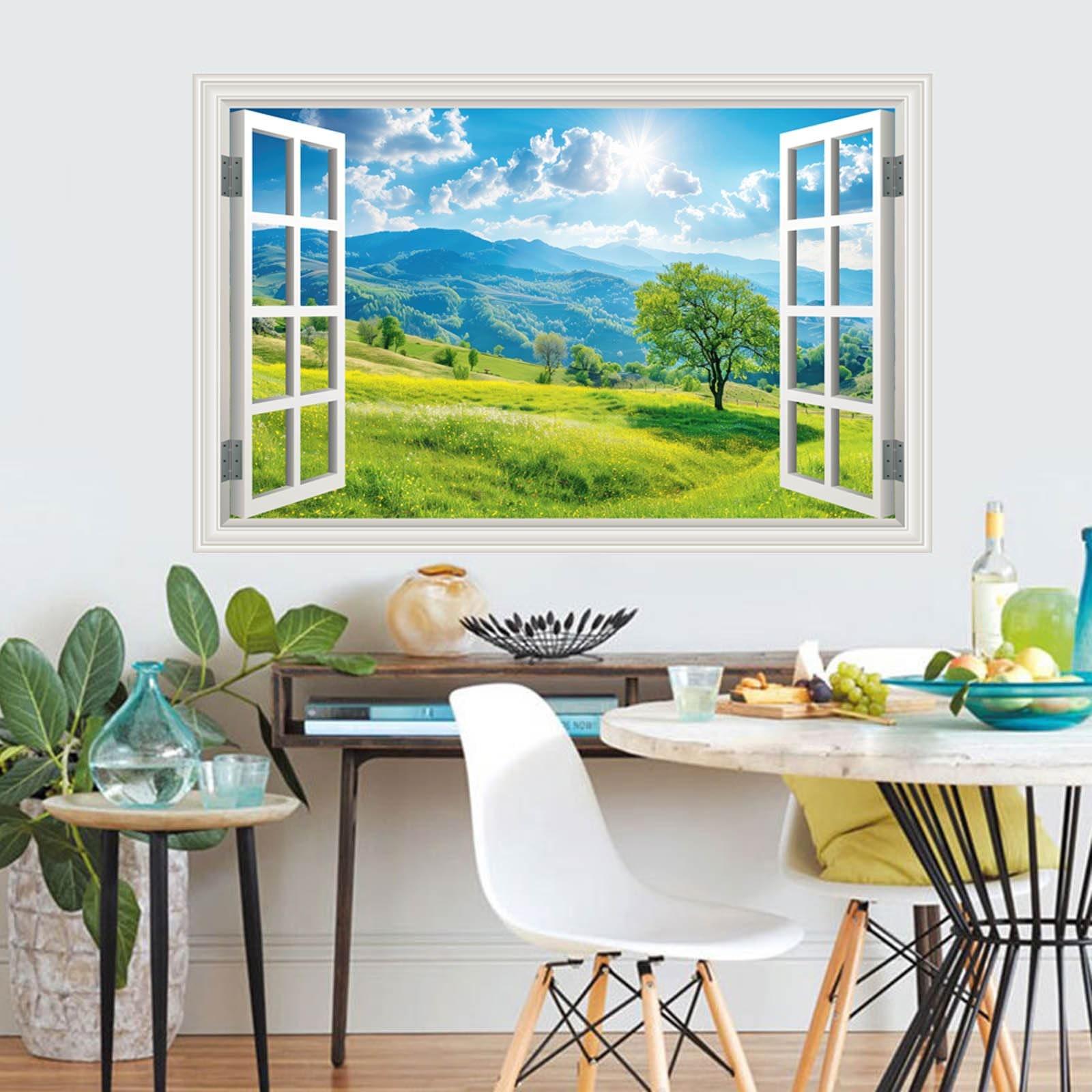 Fake Window Wall Decals Green Mountain Forest Tree Faux Window Sticker Poster…