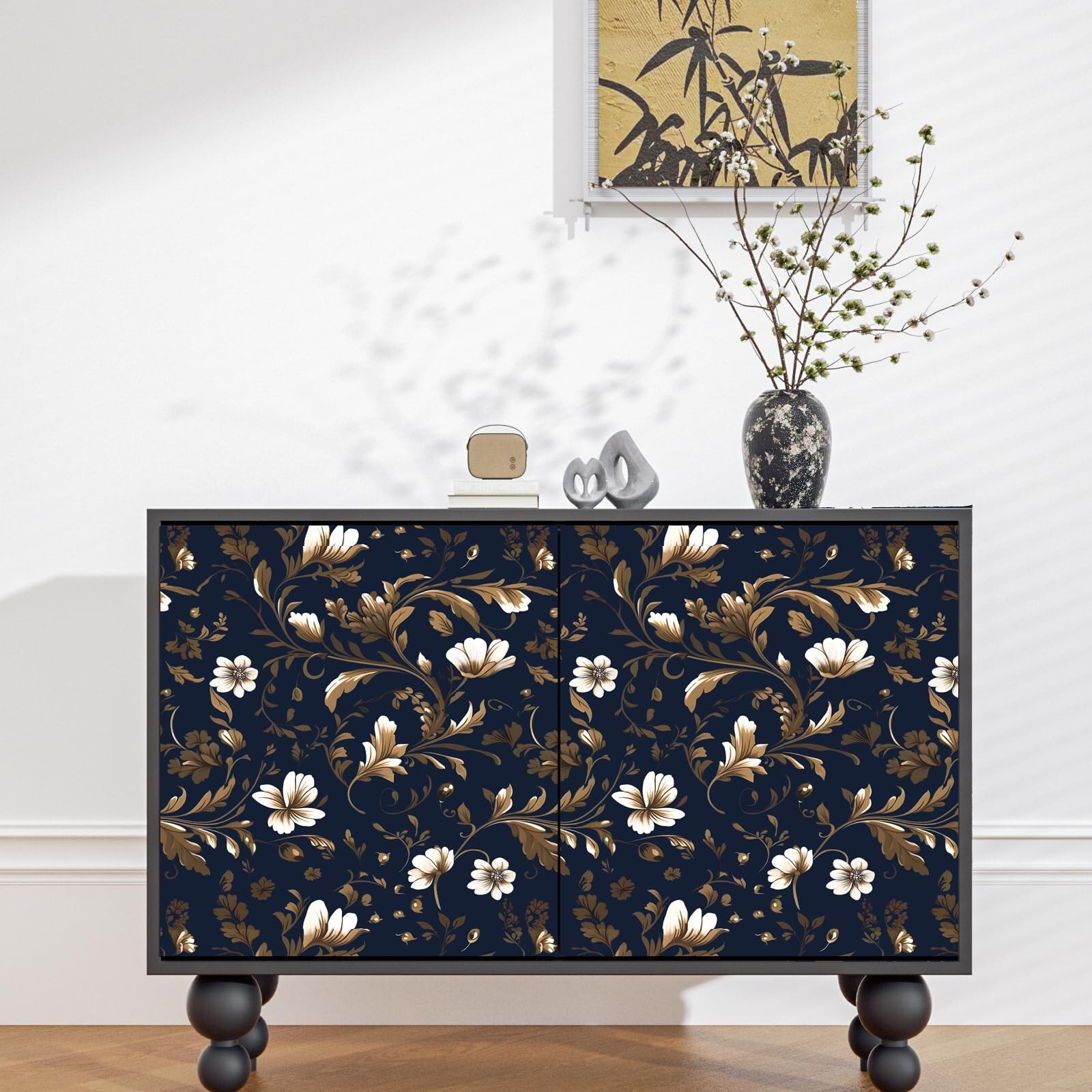 Gold Leaf Wallpaper Peel and Stick Vintage Leaf Contact Paper Dark Blue Flora…