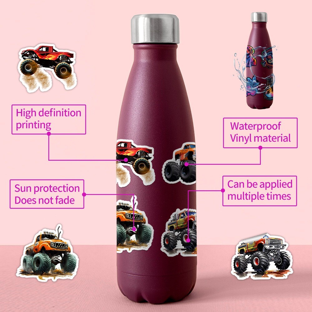 50 Pcs Stickers Monster Truck Cars Fridge Luggage Skateboard Phone Laptop Vinyl
