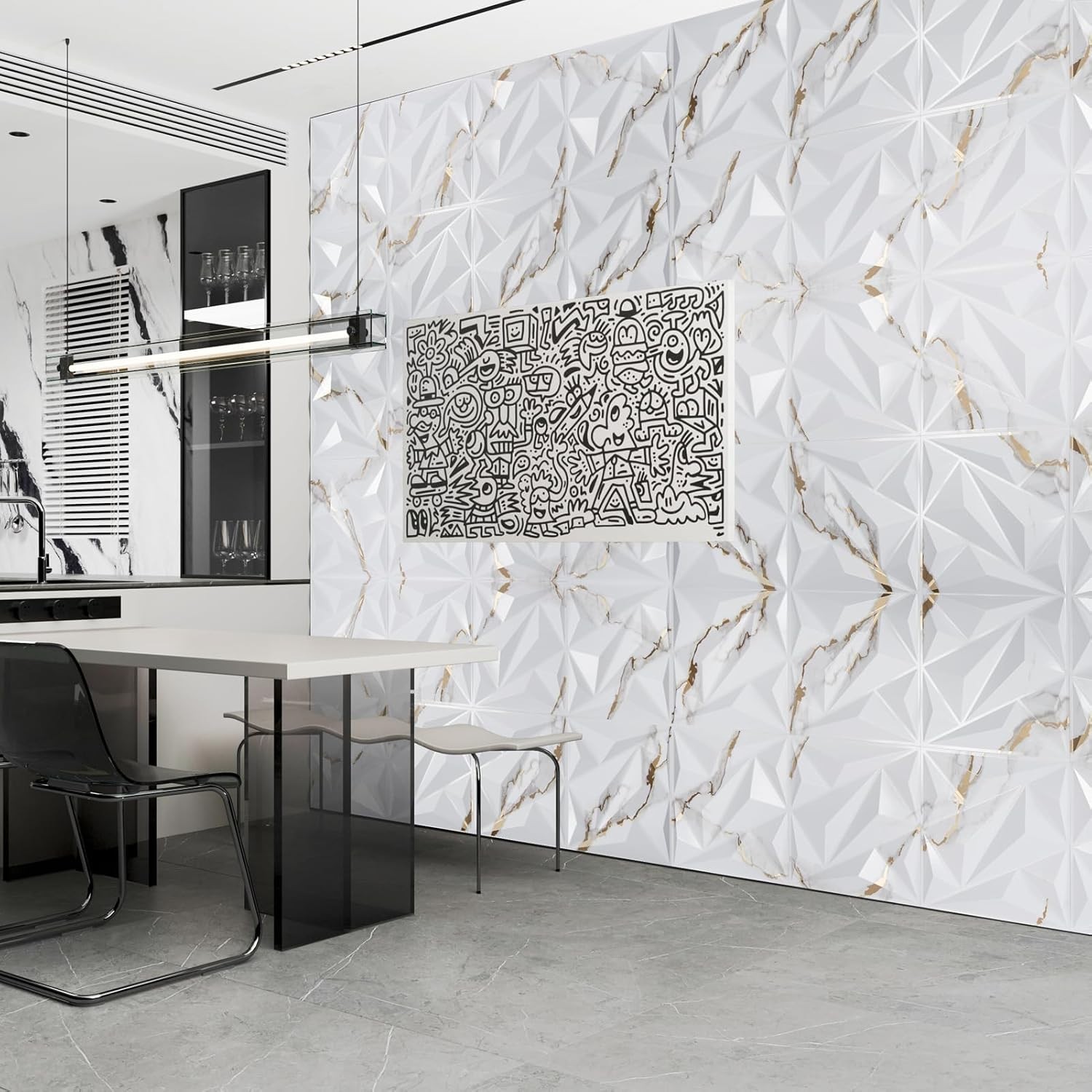 Waterproof 3D Wall Panels 33pk Diamond PVC Gold Veined White Commercial Interior
