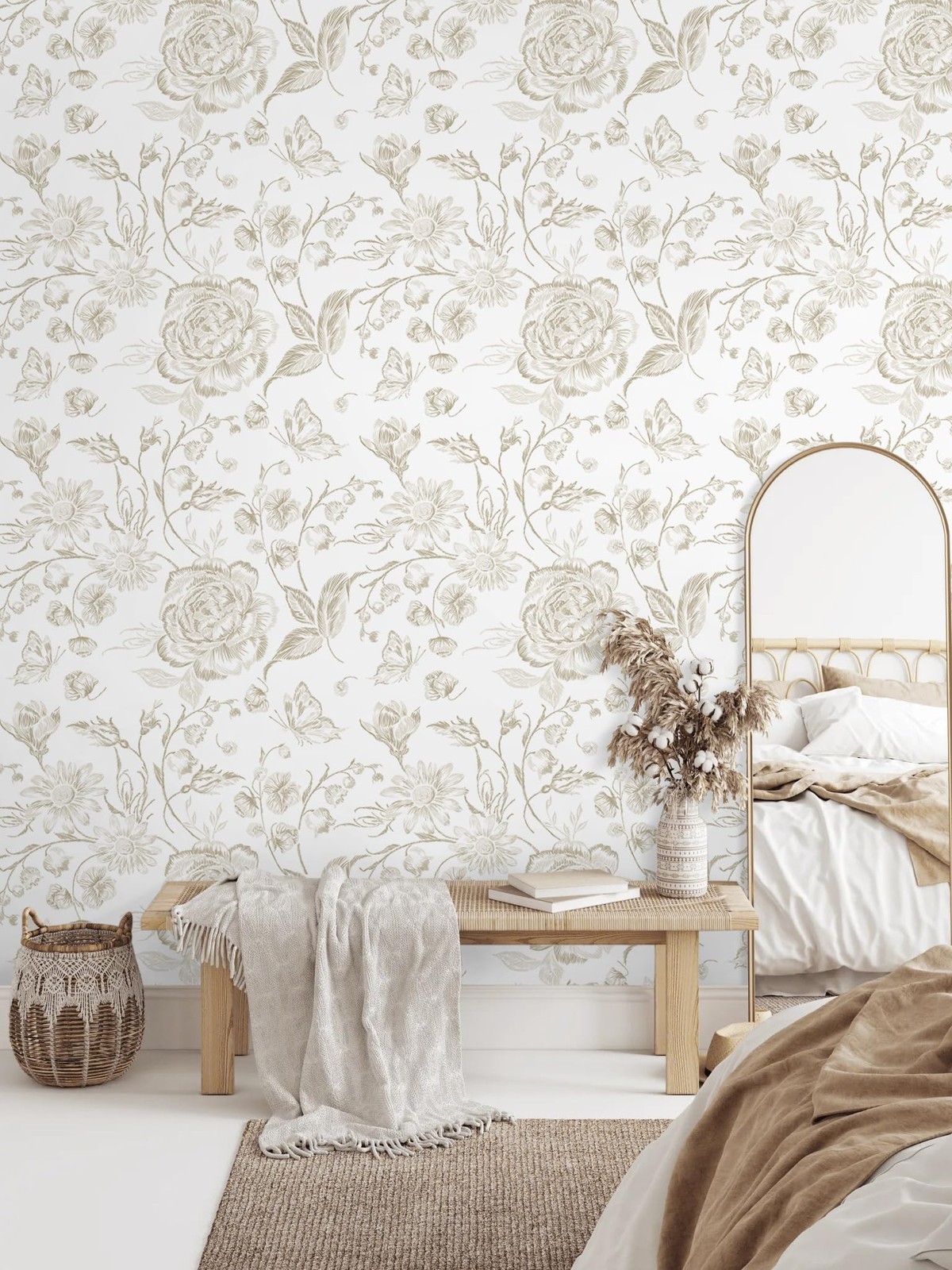 Floral Peel and Stick Wallpaper Boho Beige Contact Paper Neutral Farmhouse Vi…