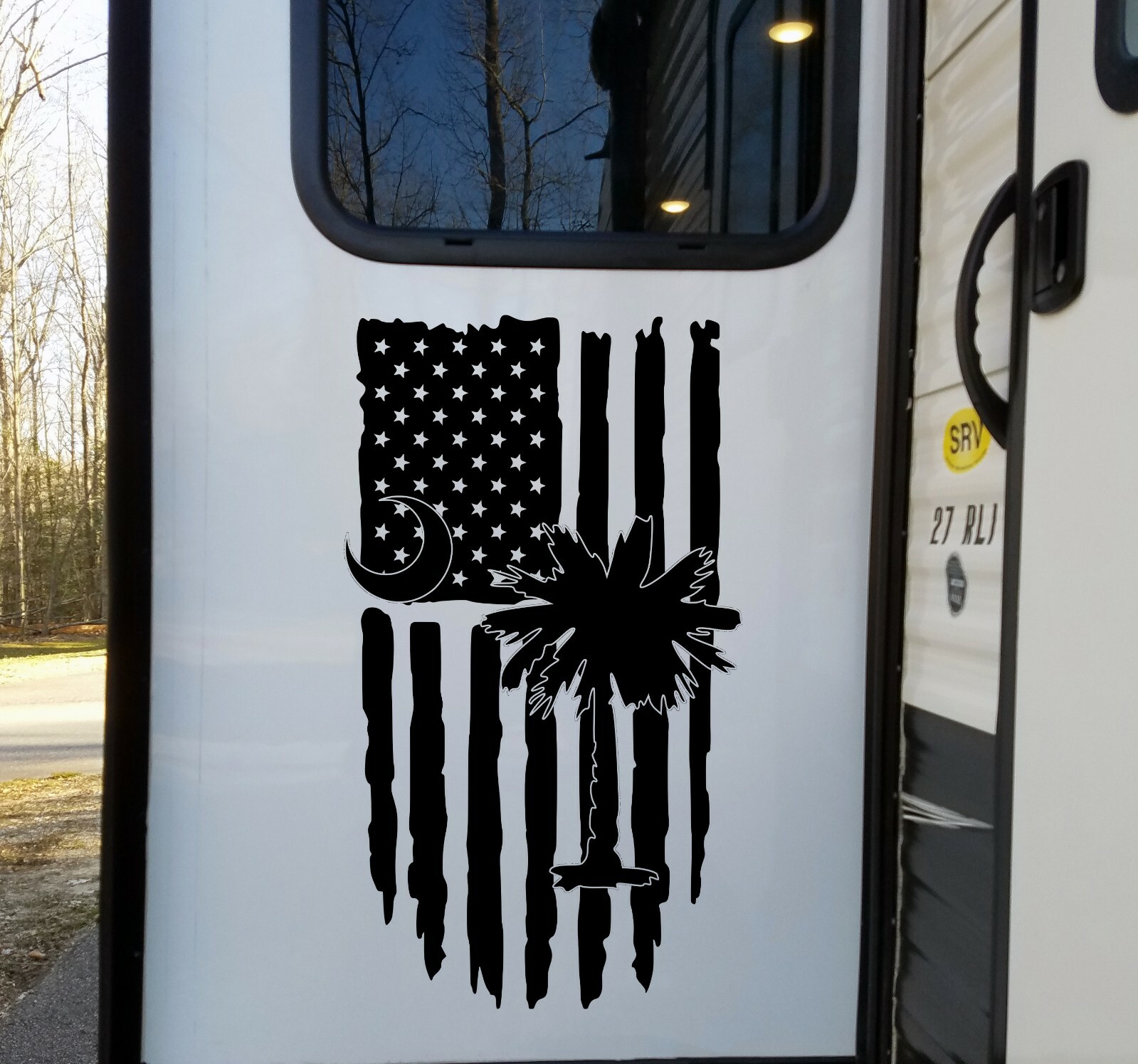 Palmetto Tree Crescent Moon with Distressed American Flag Vinyl Decal – Die Cut